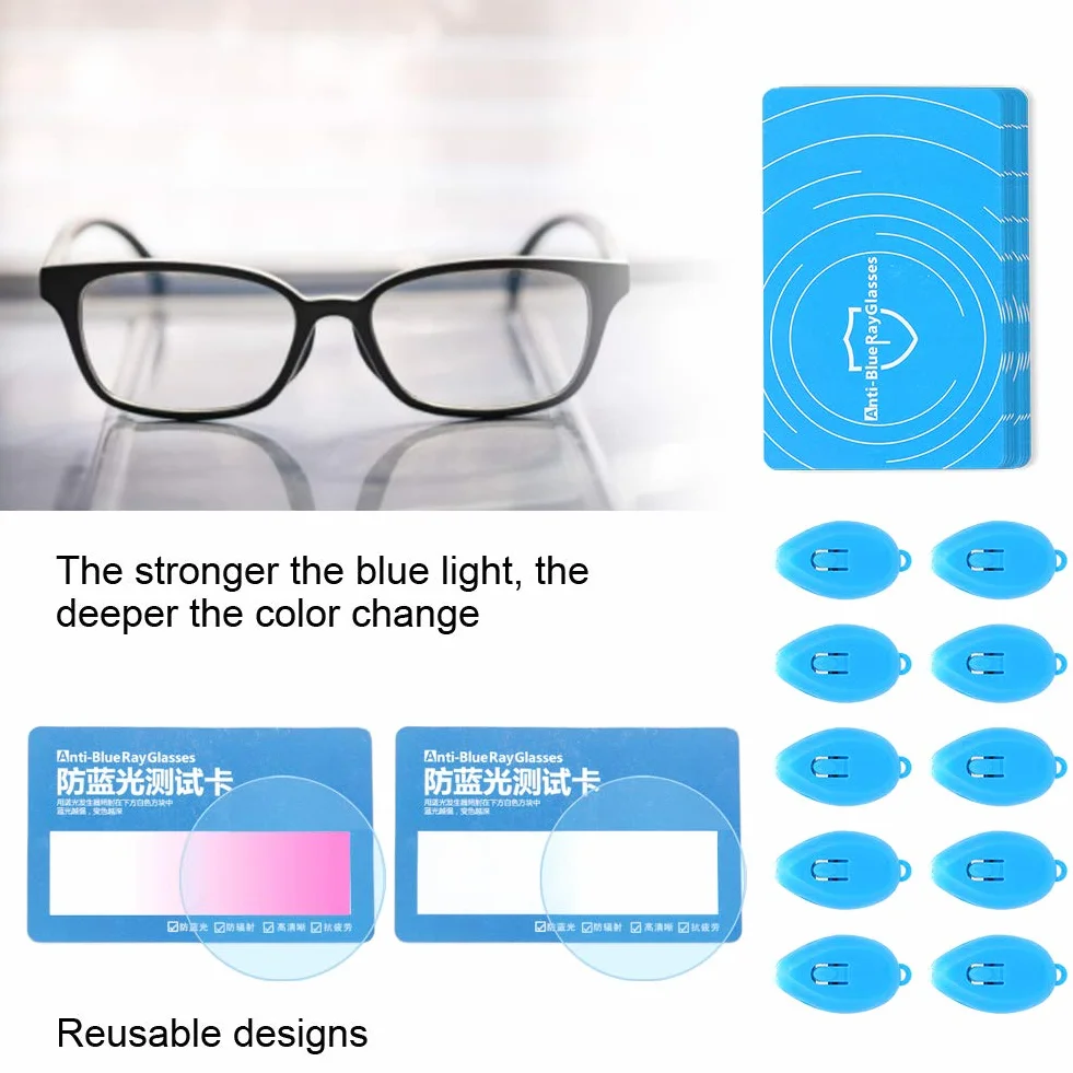 Profesional Anti-Blue Test Detection Card, Generador de Luz Azul Para Probar Gafas, 10 Sets