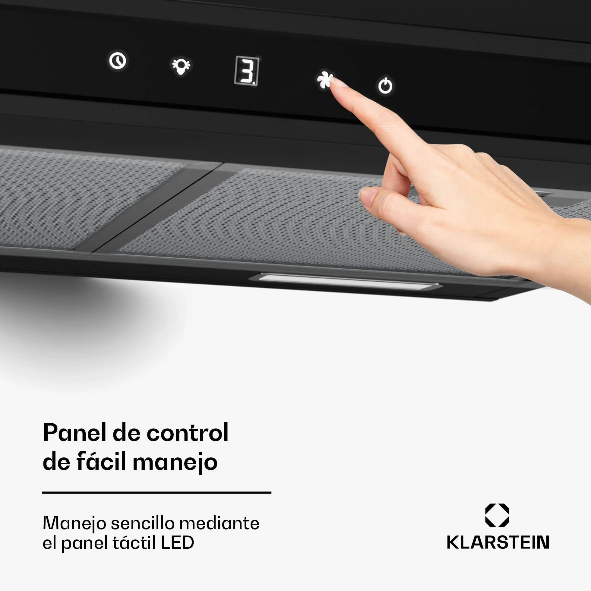 Klarstein Purista Force Campana Extractora 60cm Integrada Panel Táctil Led 400 m³/h Doble Motor Eficiencia Energética C Iluminación Led Filtro de Carbón Negro