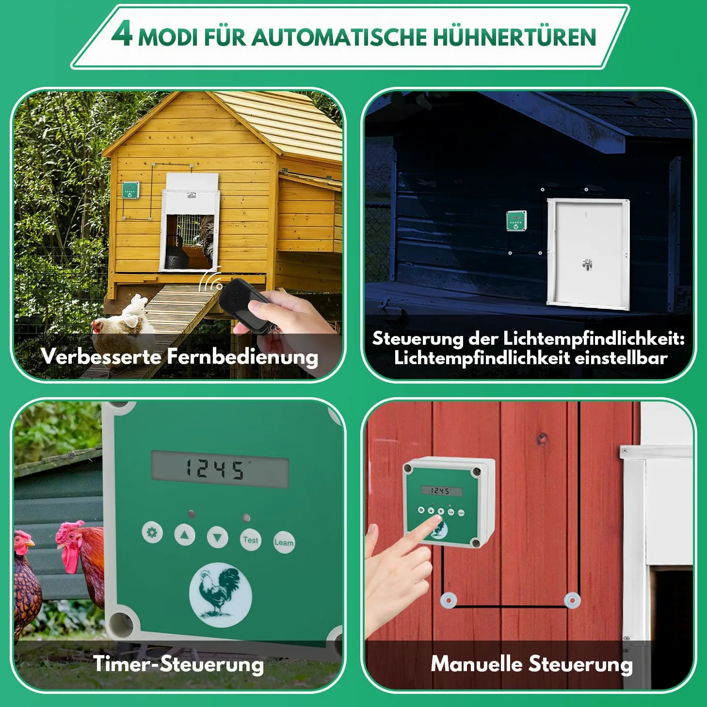 Sonnewelt Puerta de gallina automática con corredera de 30 x 30 cm, puerta de gallina de aluminio con sensor de luz y control de tiempo manual puerta de gallinero