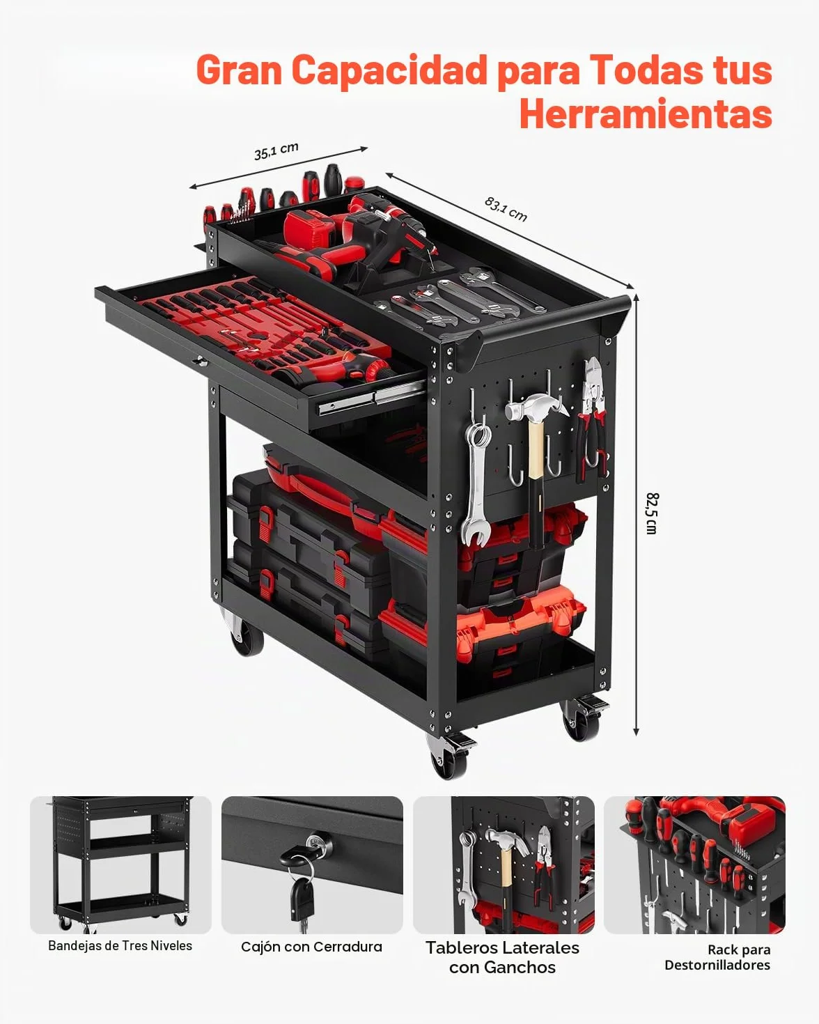VEVOR Carro de Herramientas, Organizador de Herramientas para Mecánicos de 4 Niveles con Ruedas, Sistema de Bloqueo, Cajón y Tablero Perforado, Carga de 159 kg para Garaje, Almacén y Taller, Negro