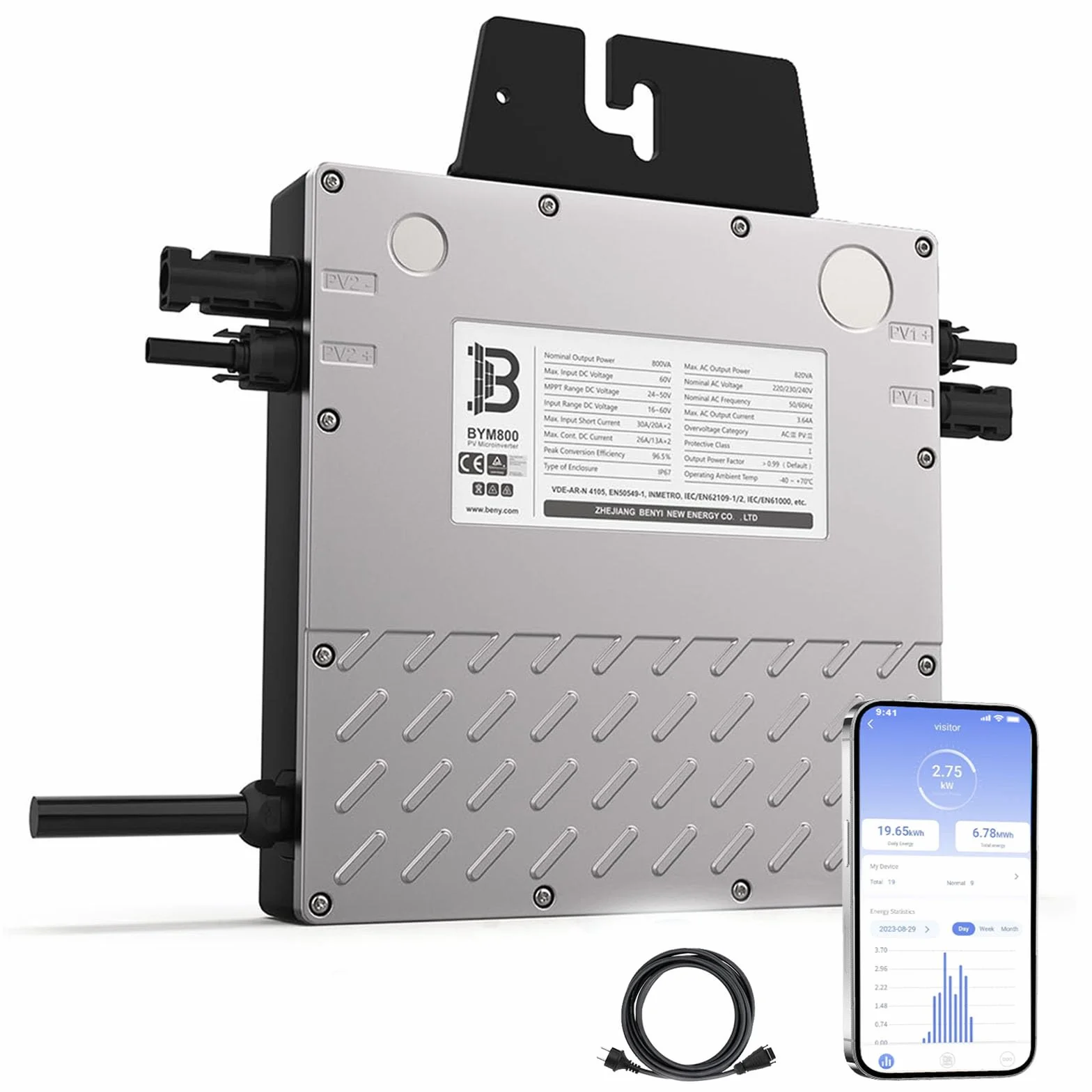 BENY Microinversor 800W- Inversor de conexión a Red con WLAN, Control App- Inversor de 800W a 600W Ajustable- IP67 Resistente al Agua- Cable de conexión de 5M de Largo- Plug and Play