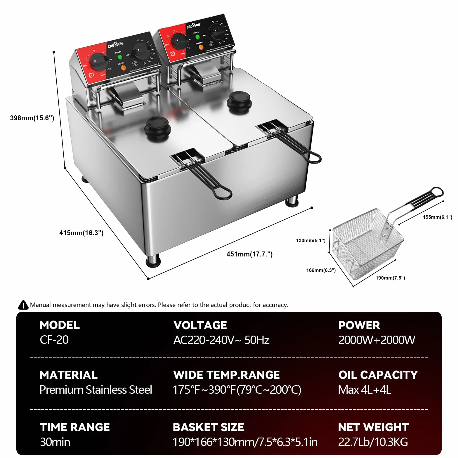 CROSSON Freidora Doble Eléctrica Profesional 8L,4000W Freidora Industrial Hosteleria de Acero Inoxidable con Cesta y Tapa, Temperatura Ajustable,para Aros de Cebolla Pollo Papas Fritas