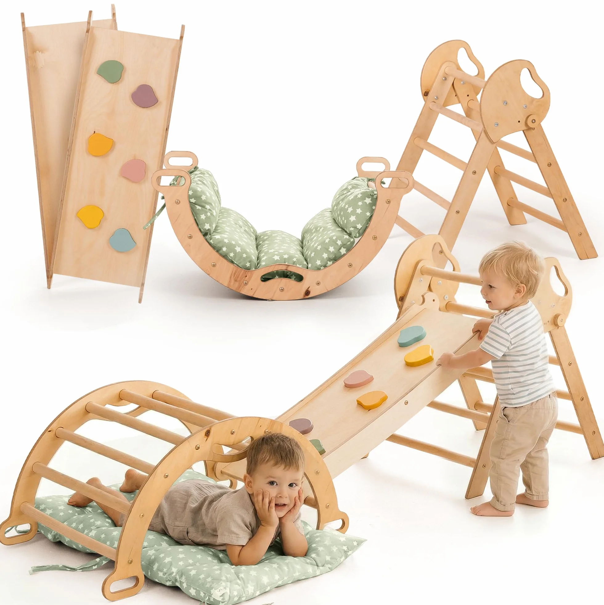 Estructura de Escalada 5 en 1 para Niños - Escalera Triángulo, Arco, Balance Board y Cojín, Montessori, Gimnasio de Madera 1-3 Años