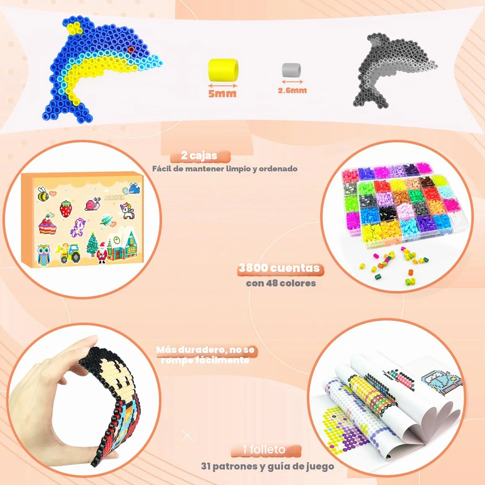 AJAZPER Kit de Cuentas Para Planchar 5MM, 2 Cajas de 48 Colores Fusibles con Caja de Almacenamiento, Guía, Manualidades para Niños 5+
