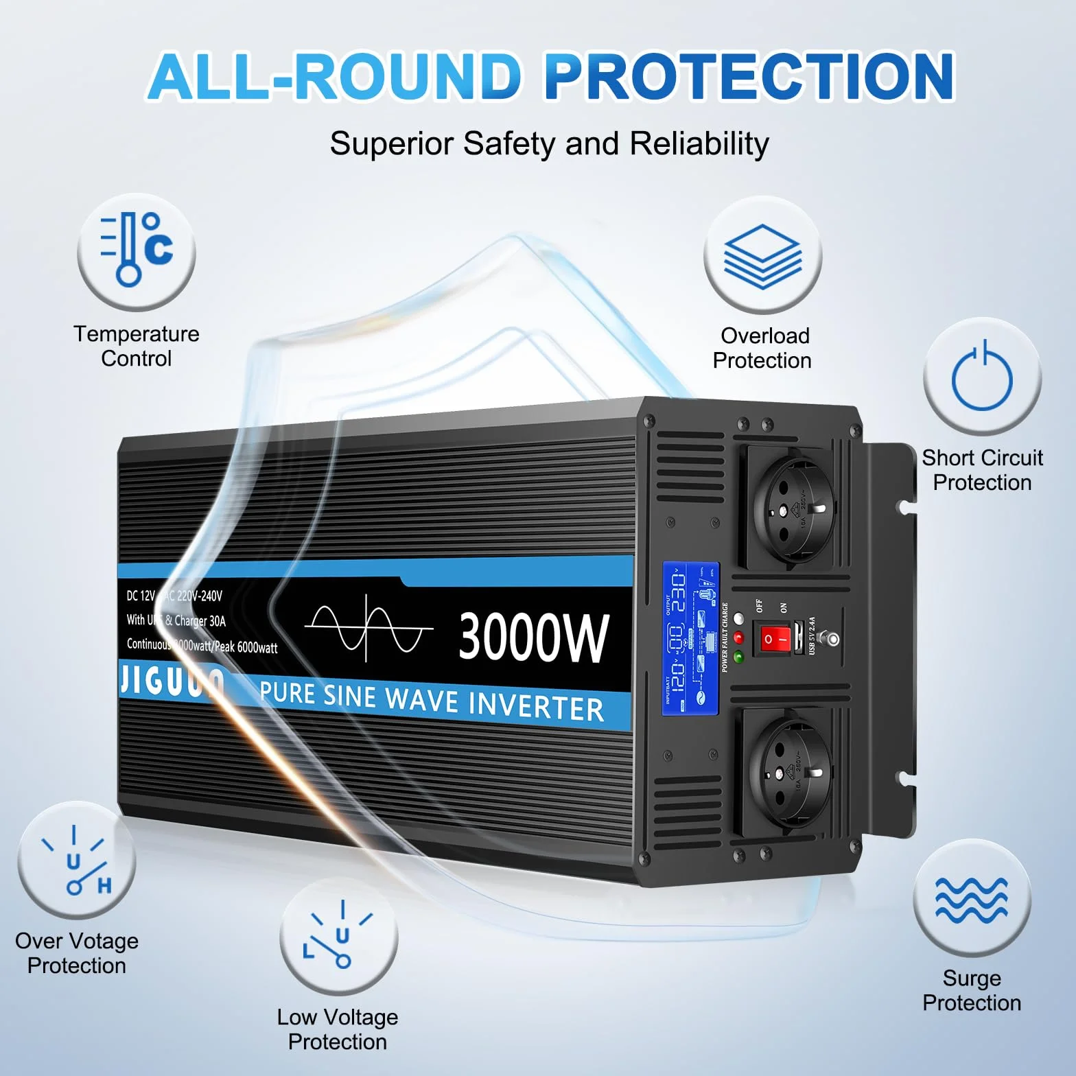 JIGUUN 3000W Inversor 12V 220V Onda Pura Inverter con Cargador 30A y Circuito Prioritario de Red y SAI，2 Tomas EU, Mando a Distancia Inalámbrico y Pantalla LCD Potencia Pico 6000W