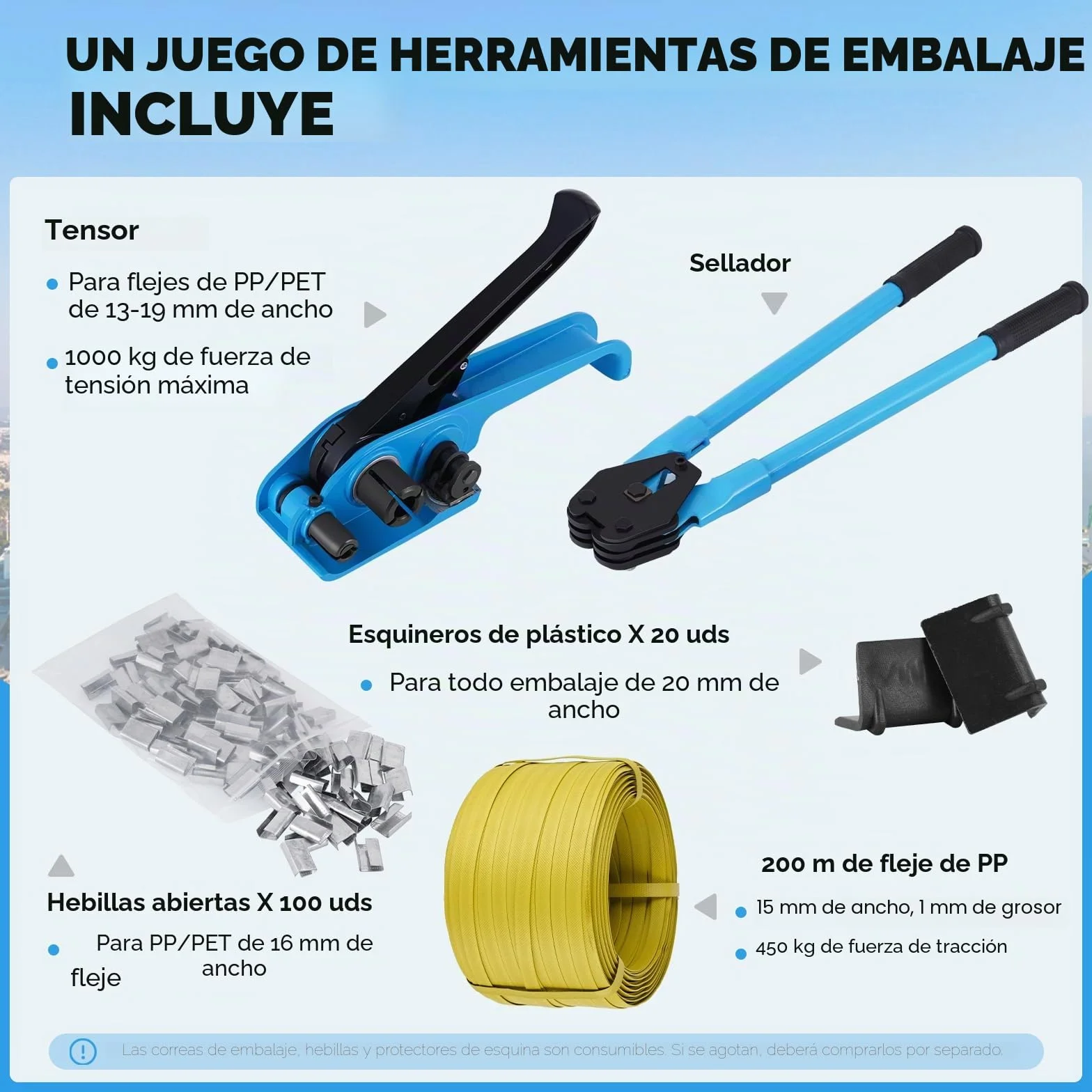 BAOSHISHAN Kit de flejado con 200M de fleje PP(Polipropileno) Herramienta de flejado manual para fleje PET/PP de 13-19mm de ancho y 0,6-1mm de grosor