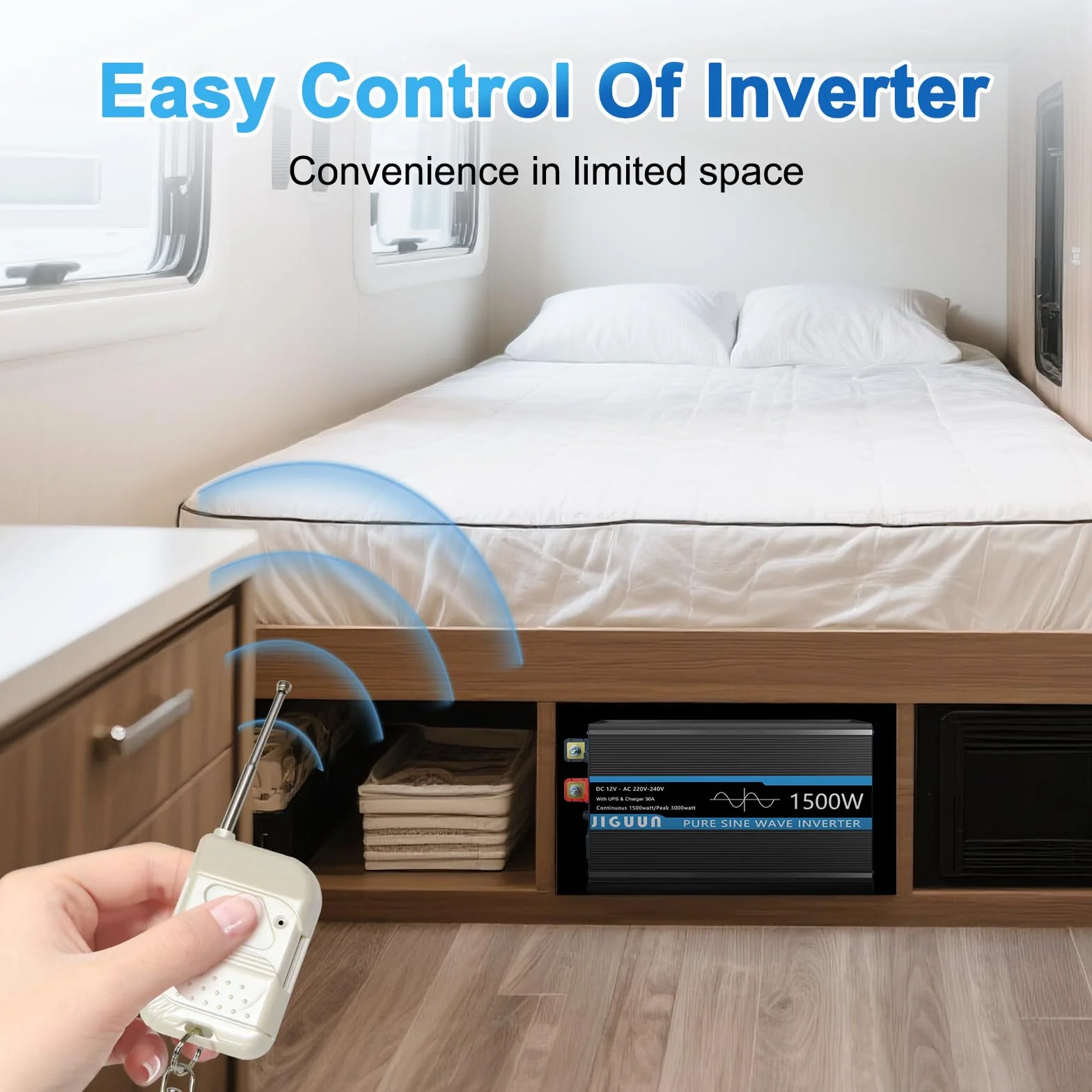 JIGUUN 1500W Inversor 12V 220V Onda Pura Inverter con Cargador 30A y Circuito Prioritario de Red y SAI，2 Tomas EU, Mando a Distancia Inalámbrico y Pantalla LCD Potencia Pico 3000W