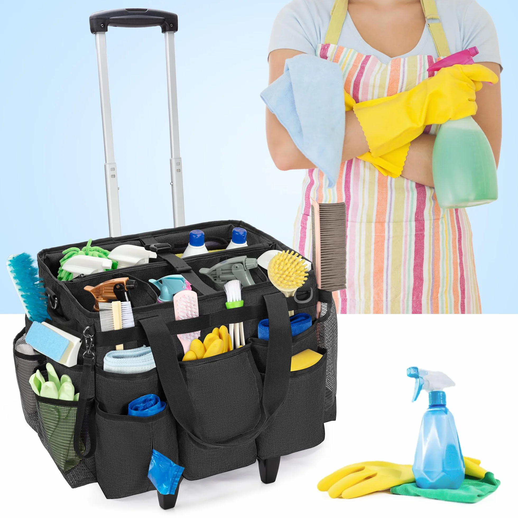 LoDrid Carrito de Limpieza rodante con Carrito Desmontable, Carrito de Limpieza portátil con Ruedas para Suministros de Limpieza, Bolsa de Limpieza Profesional con Correa para el Hombro para amas de