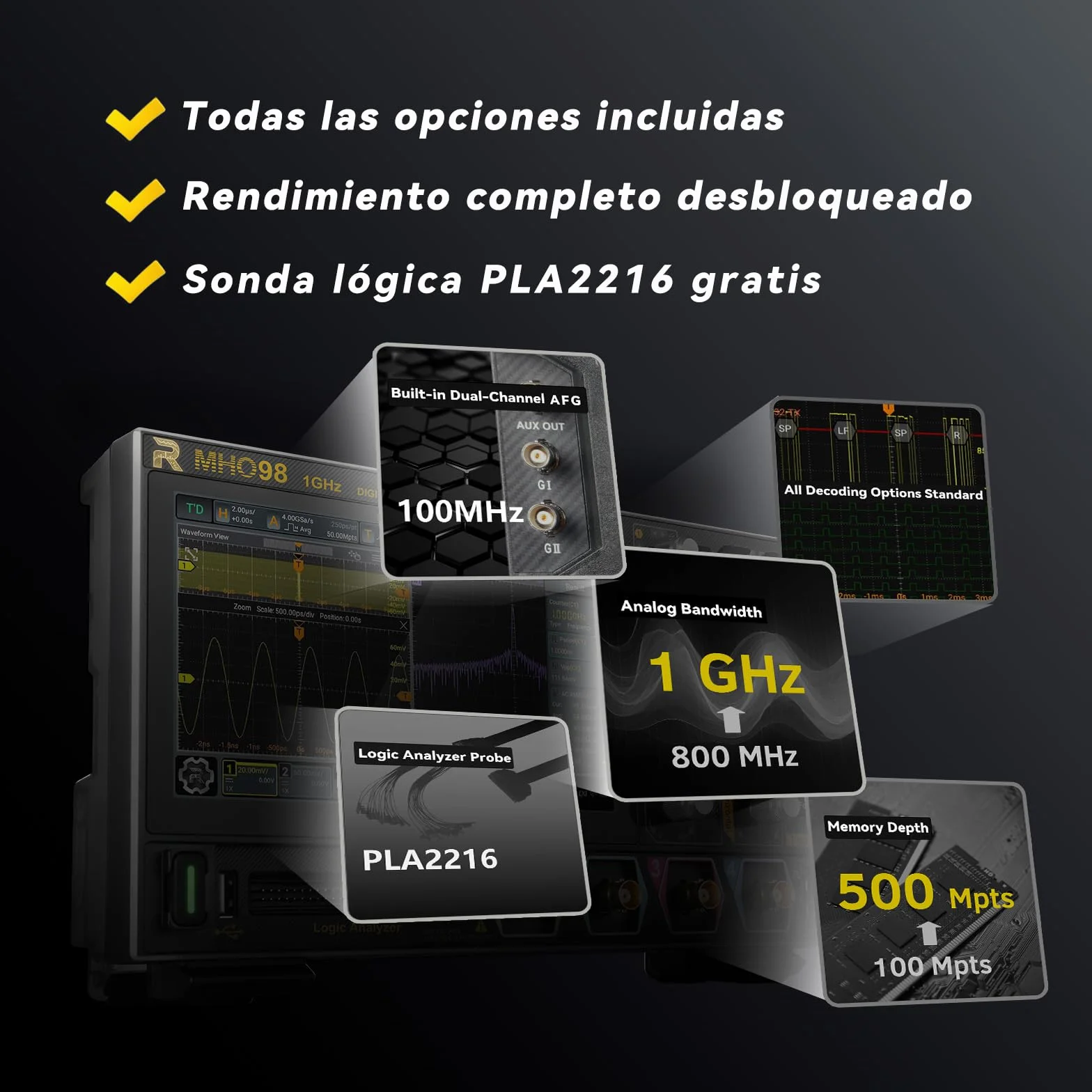 RIGOL MHO98 Osciloscopio Digital, 1GHz, 4GSa/s, 12-bit, 4+16 Canales, Generador AFG Integrado, Wi-Fi & Bluetooth, Alimentación Type-C, Ultraportátil