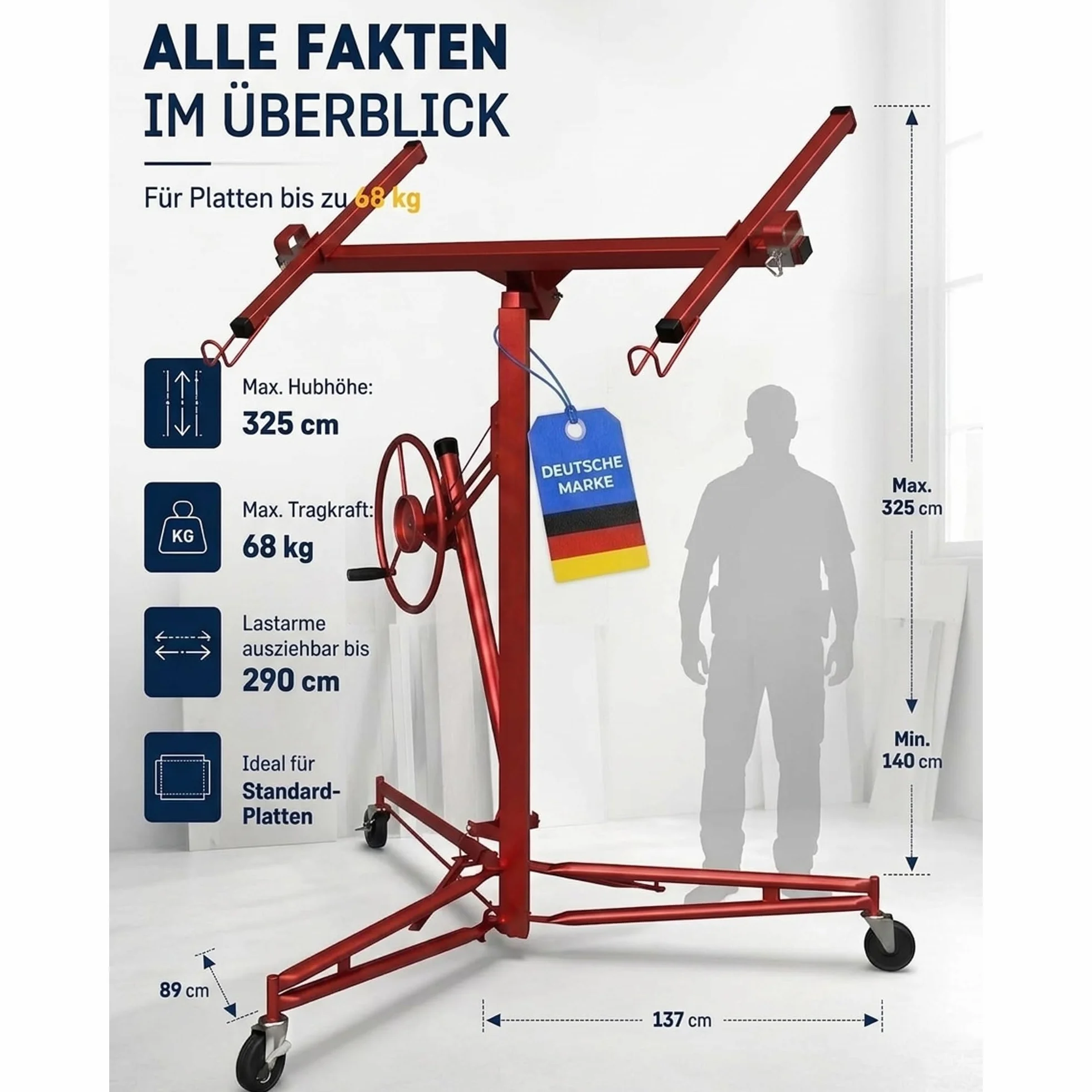Werkthor Elevador de placas XXL de hasta máx. 68 kg, altura 140-350 cm, elevador de placas de yeso para placas de yeso y placas de yeso, elevador de placas de yeso con 3 ruedas y freno de