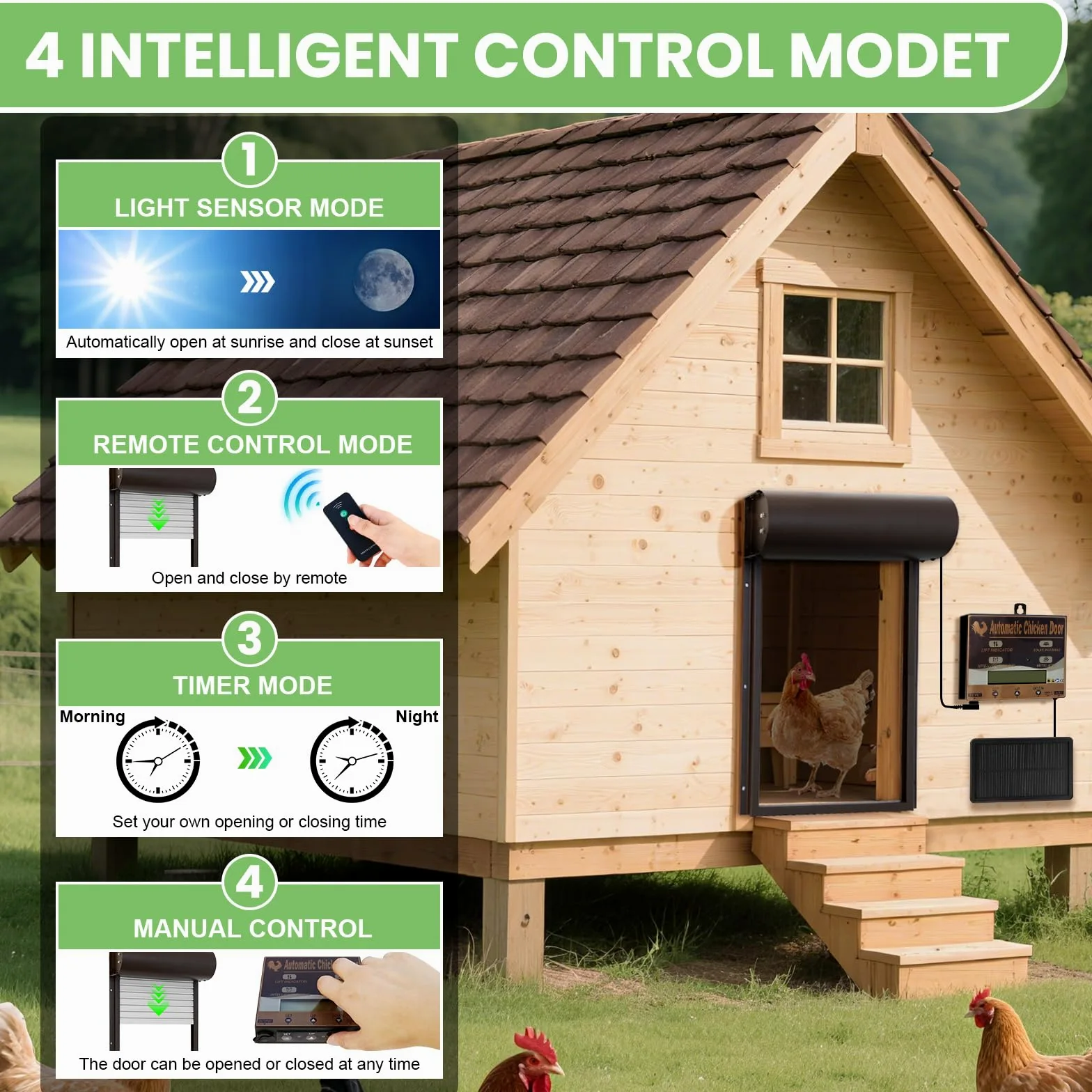 Batería automática de gallina, Puerta de Pollo eléctrica automática | con temporizador, panel solar, mando a distancia, manual, protección inteligente contra pellizcos