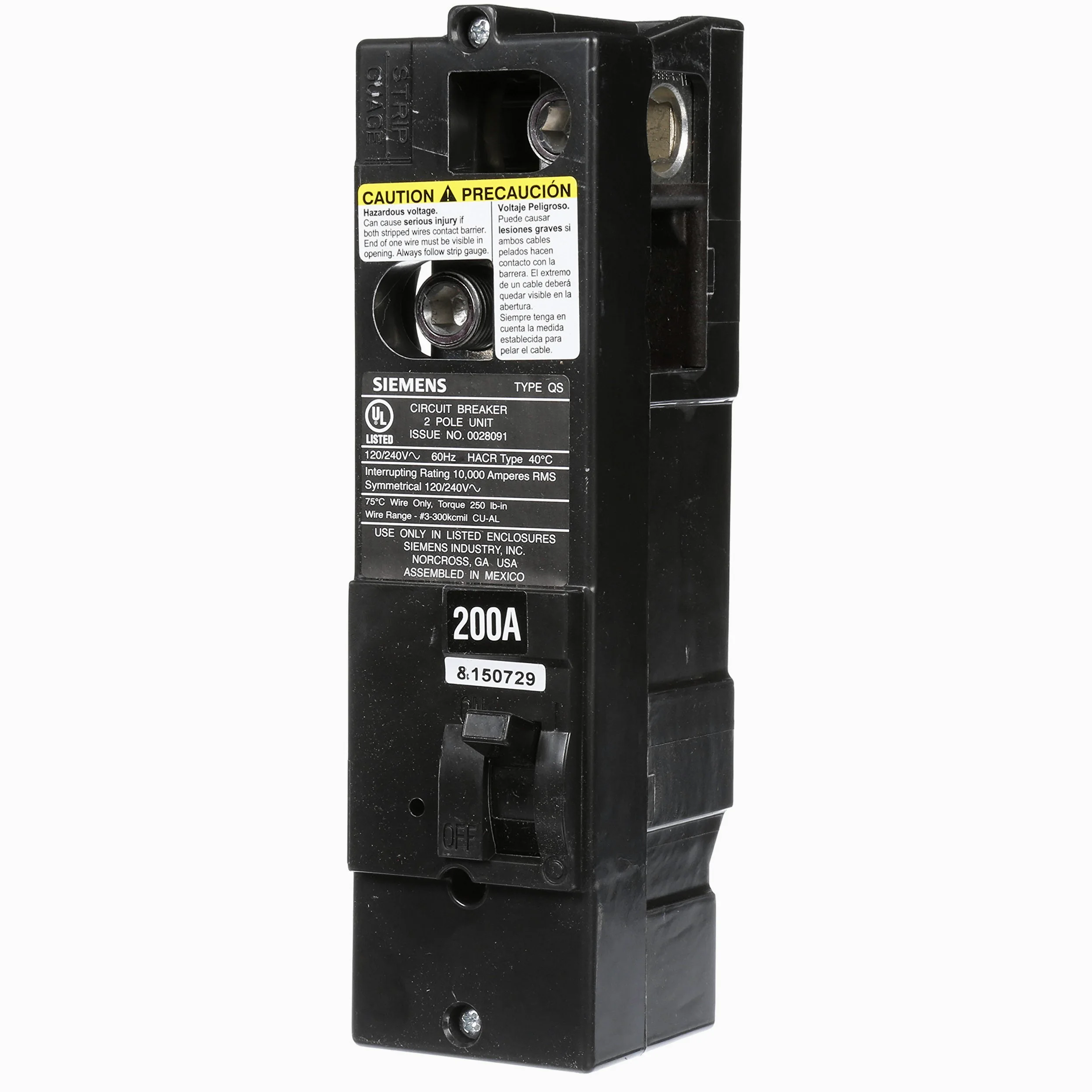 Siemens QS2200 QS Type 200-Amp Multifamiliar Interruptor principal, 10 KAIC clasificado por Siemens