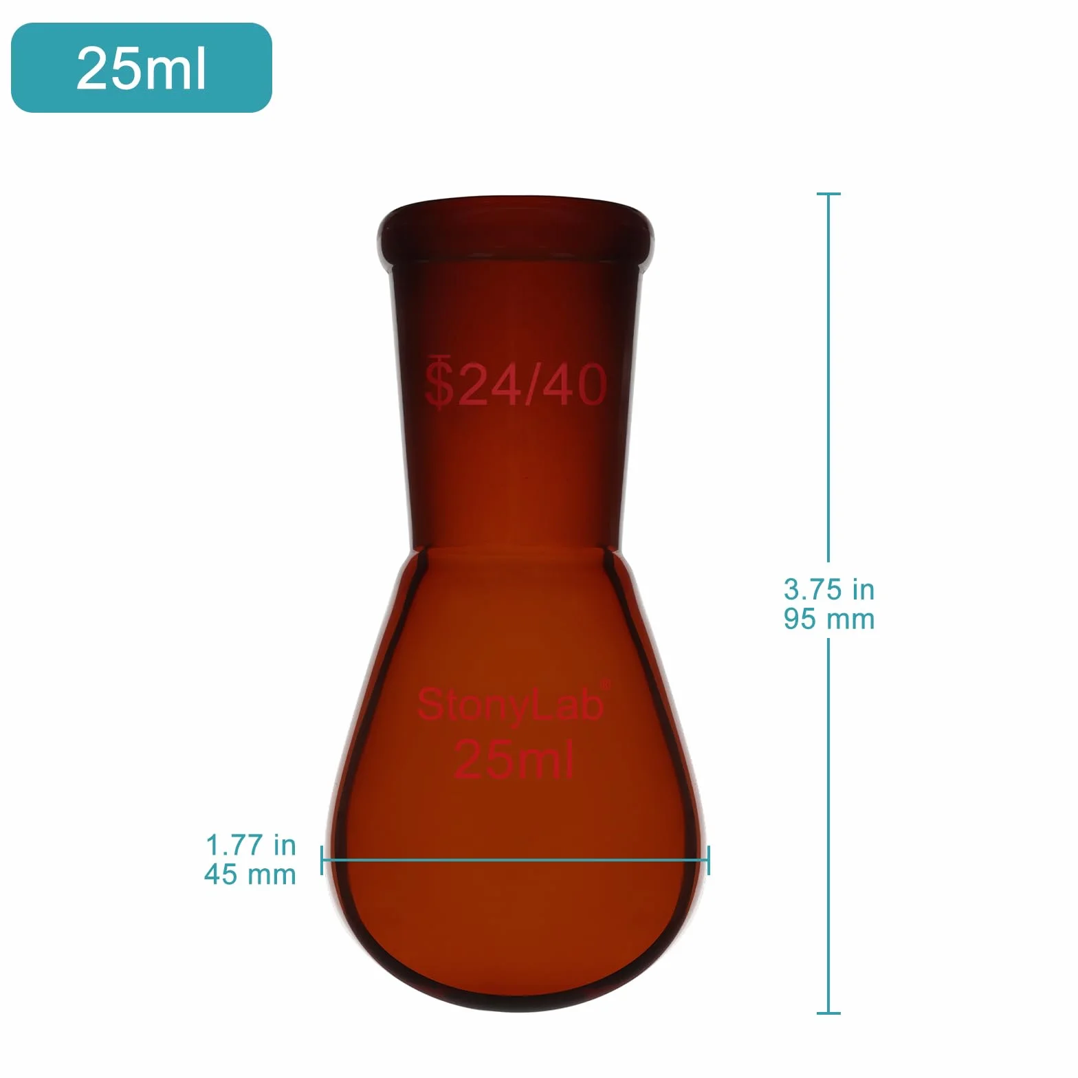 Matraz de Recuperación de Vidrio Borosilicato Ámbar 25 ml, Cuello Único 24/40, Pared Gruesa