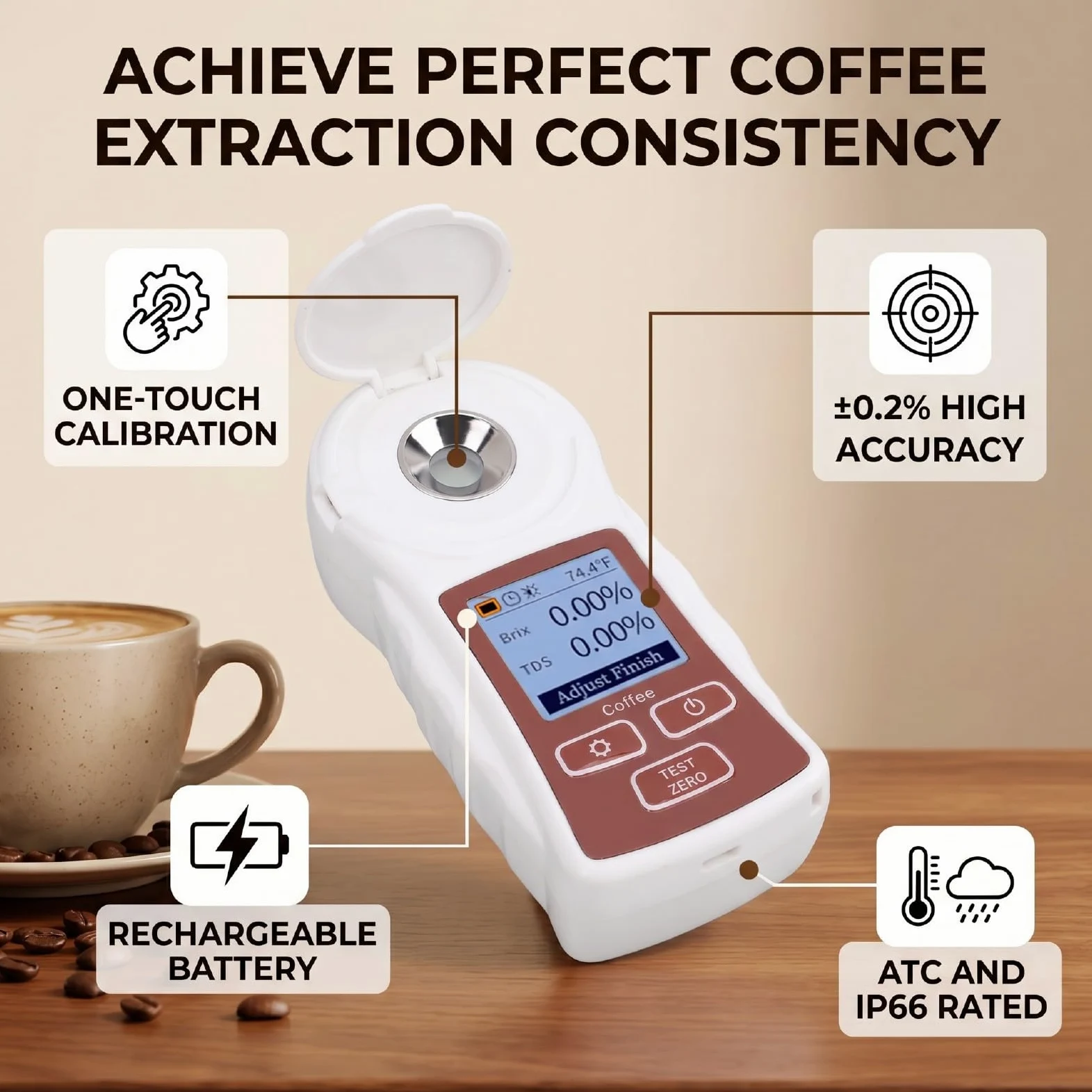 Garsent Refractómetro Digital TDS con Medidor ATC de café Brix 0-22% ±0,2% Recargable para Extracción de café, Probador de Triple Parámetro con Sensor de Alta Precisión, Temperatura Automática