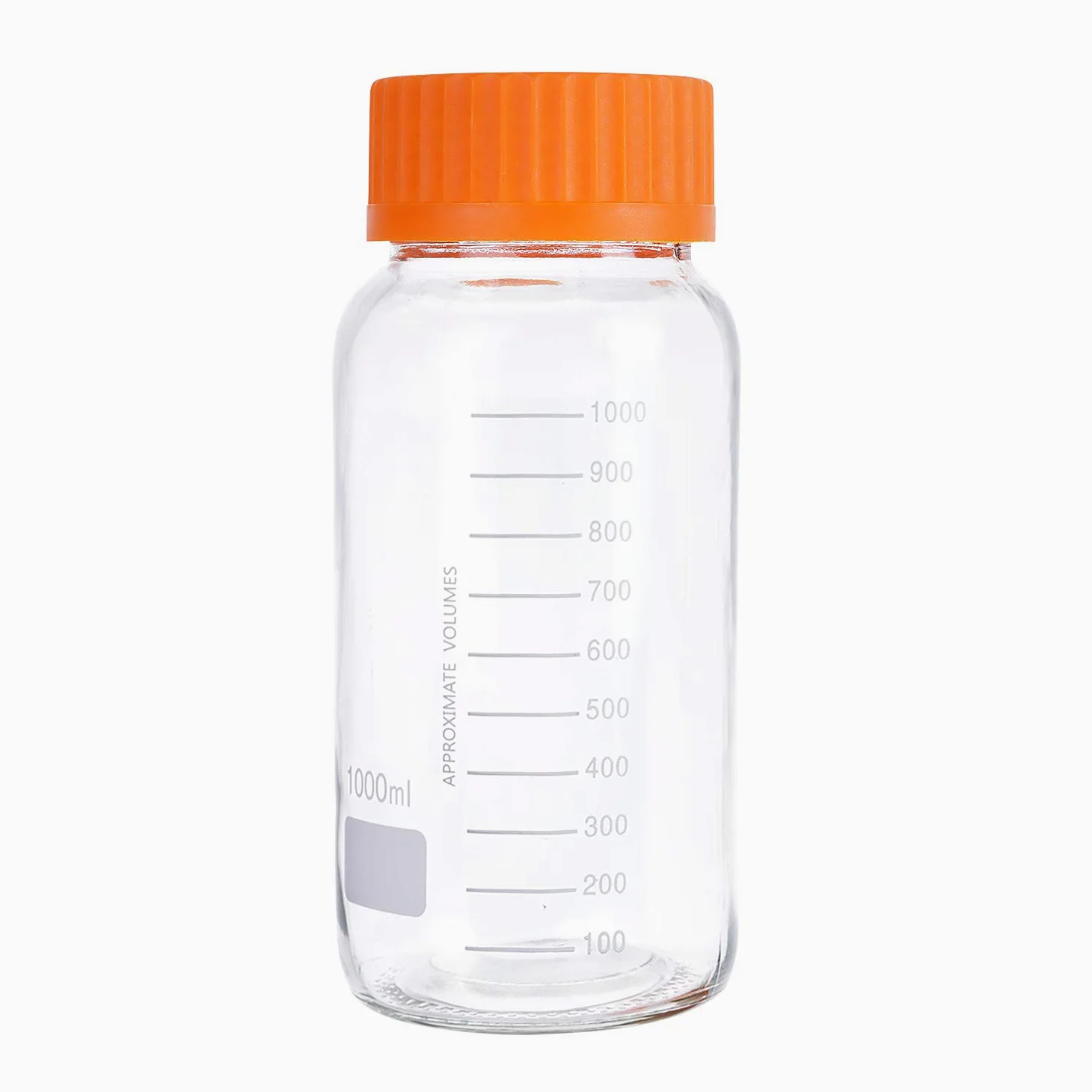 Pyrex - Paquete de 3 botellas de vidrio redondas graduadas de boca ancha de 1000 ml con tapón de rosca de polipropileno naranja GL80