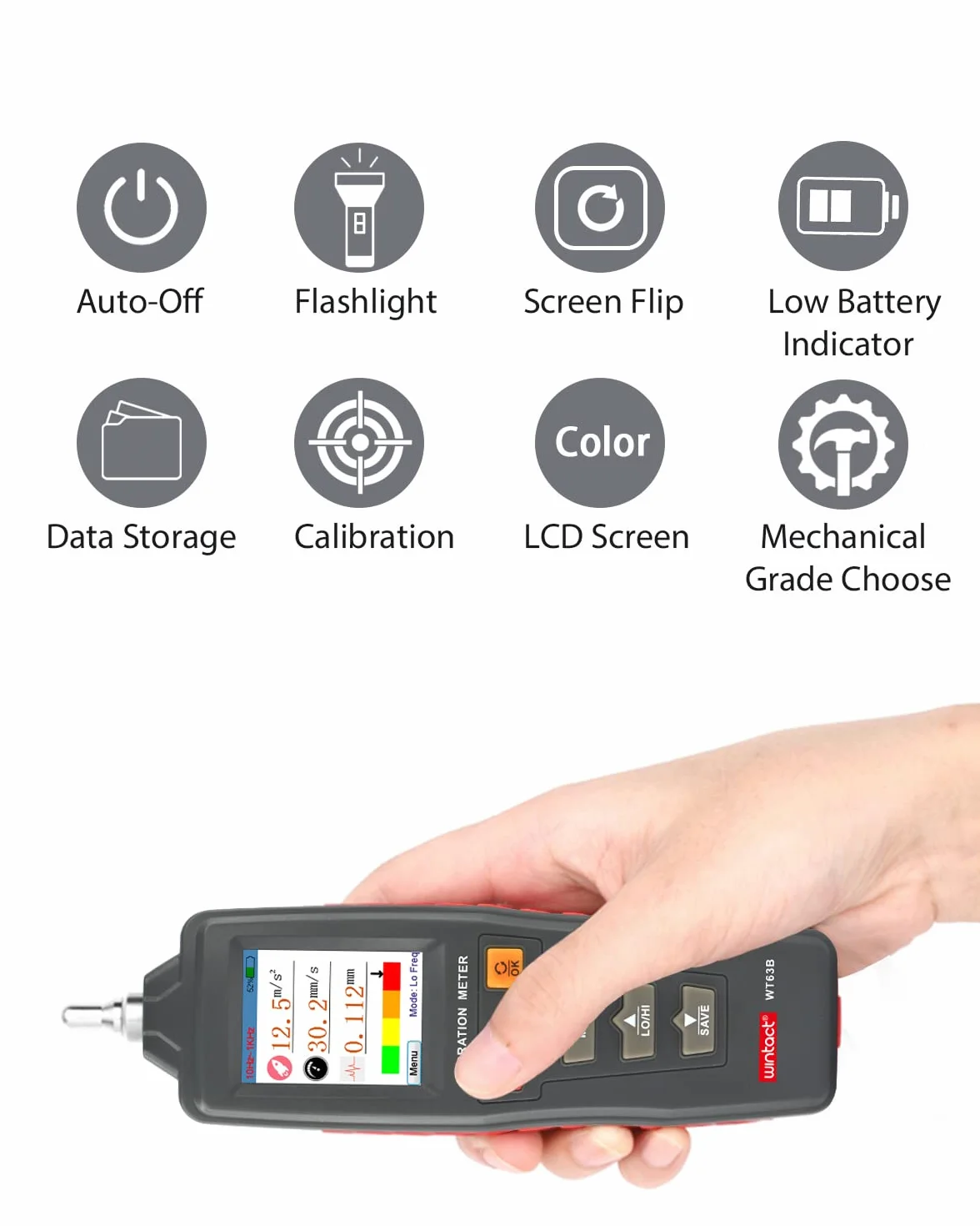 Wintact Medidor de vibración mecánico digital de mano, 0,01 ~ 199,9 mm/s, analizador de vibración mecánico, medidor de aceleración, velocidad, medición de desplazamiento para HVAC, motores, motores,