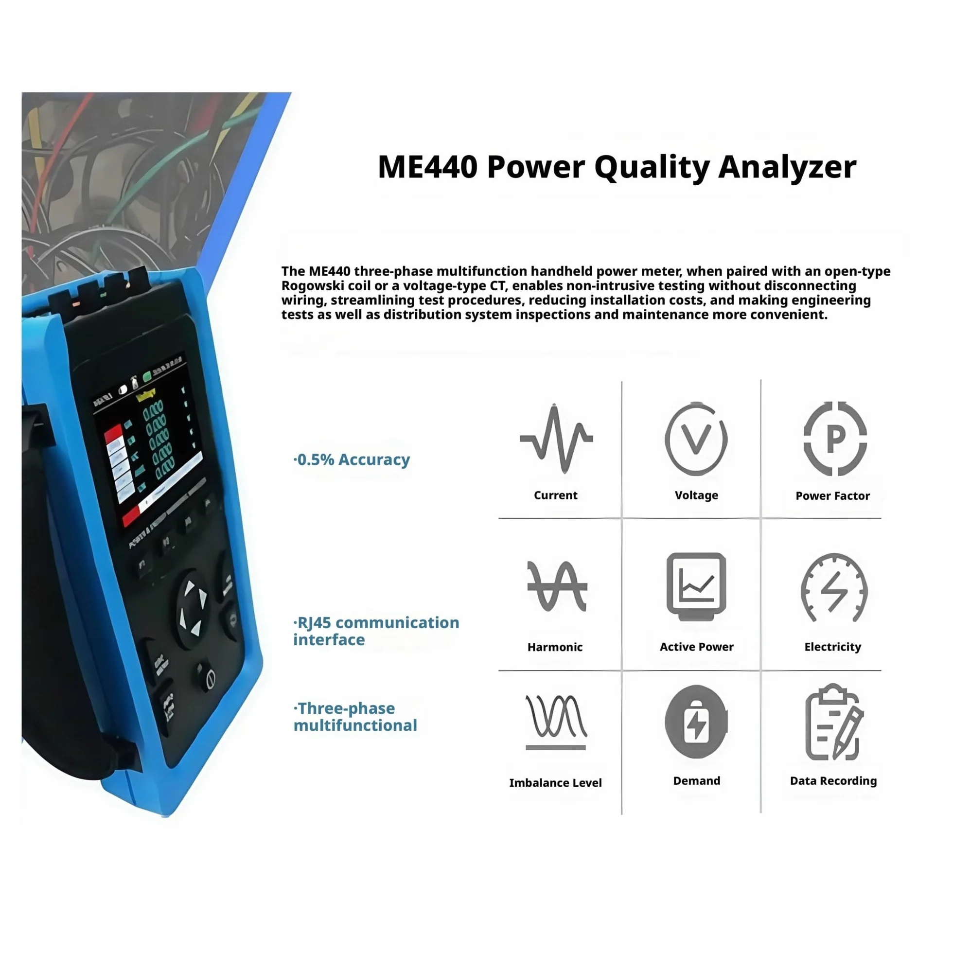 Analizador de calidad energía ME440 Instrumento prueba red eléctrica portátil: voltaje, corriente, potencia, trifásica Para aplicaciones industriales(Host 36mm coil 20 600A)
