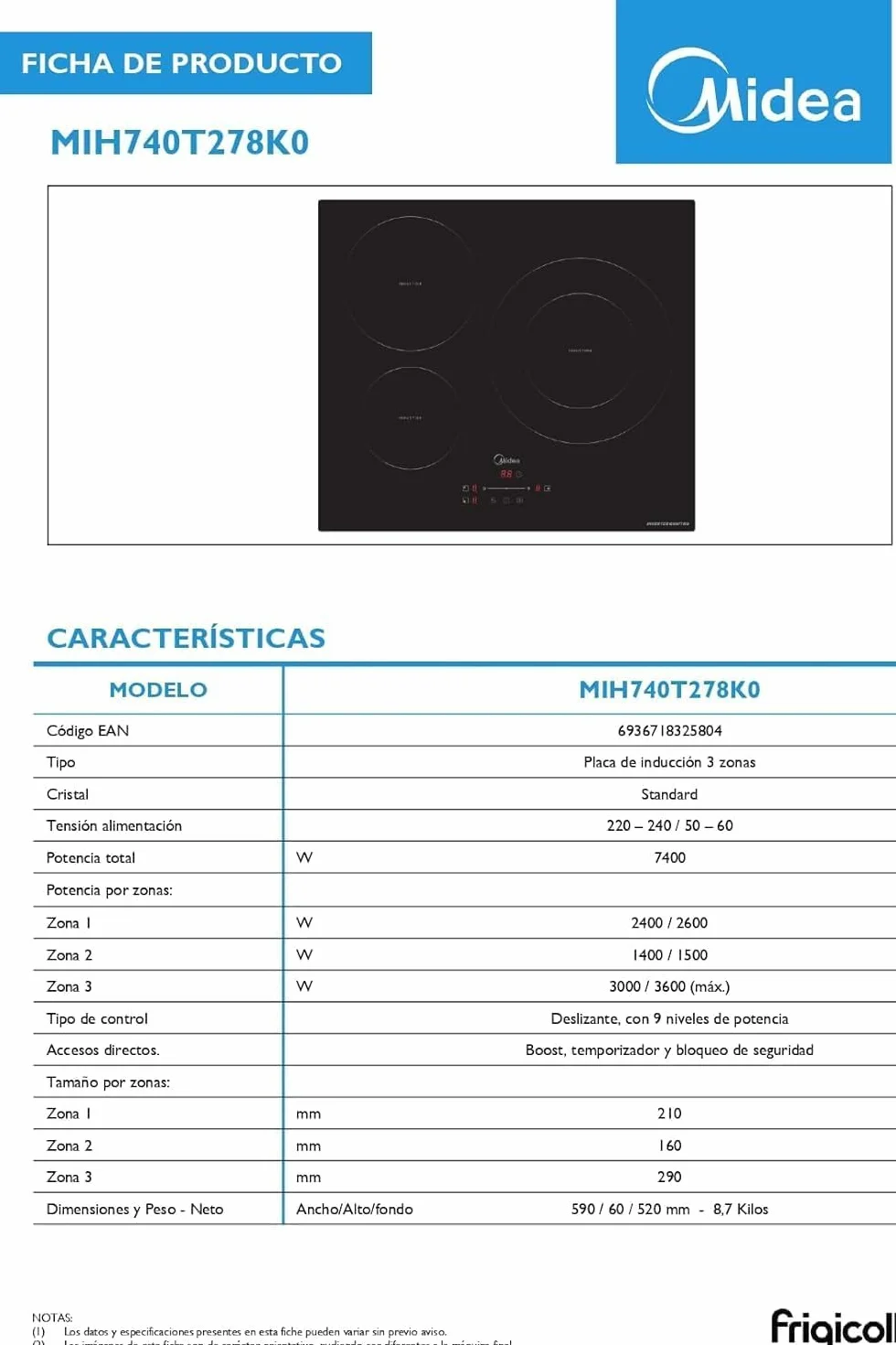 MIDEA Placa Inducción 3 Fuegos 60 cm 7400 W Vitrocerámica Integrada Panel Táctil Inverter Quattro Booster Temporizador