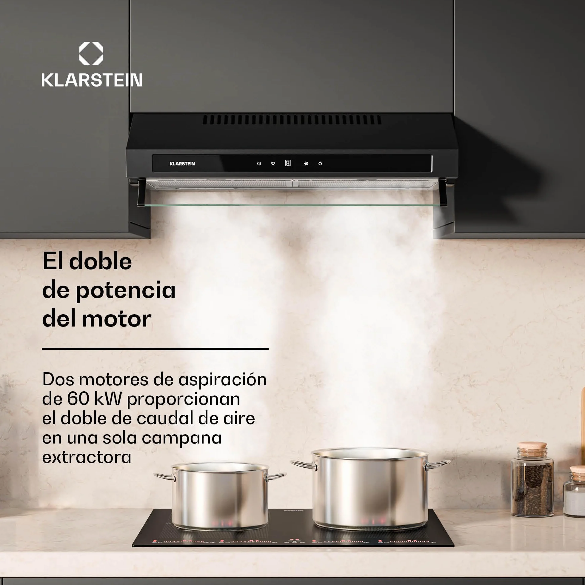 Klarstein Purista Force Campana Extractora 60cm Integrada Panel Táctil Led 400 m³/h Doble Motor Eficiencia Energética C Iluminación Led Filtro de Carbón Negro