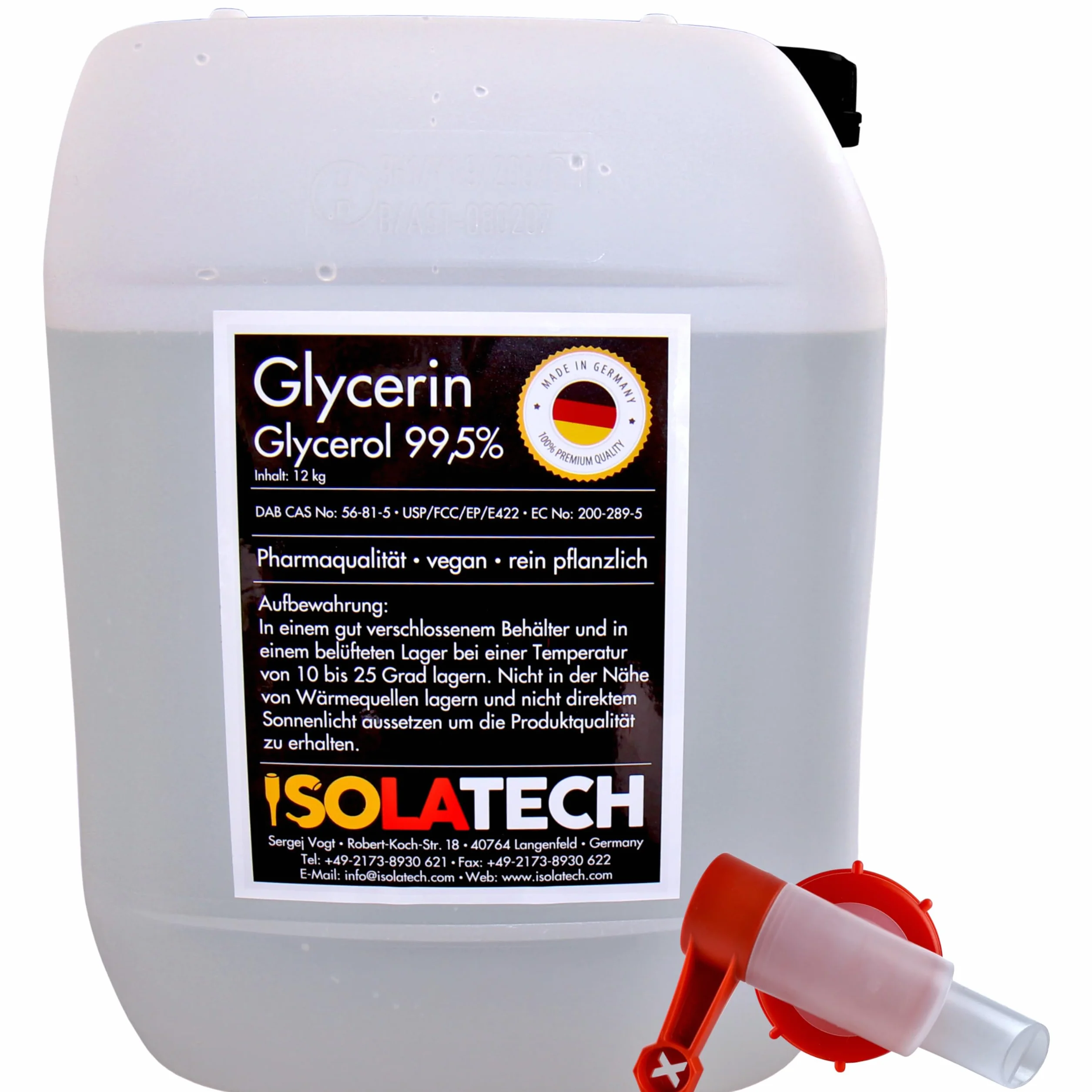 ISOLATECH Glicerina 99,5% Bidón de 10L con Grifo SABEU Fluxx DIN 51 | Glicerol, Calidad Farmacéutica, 100% Vegetal, Pureza 99,98%, Grifo dosificador AH23/51 HF, Fabricado en Alemania