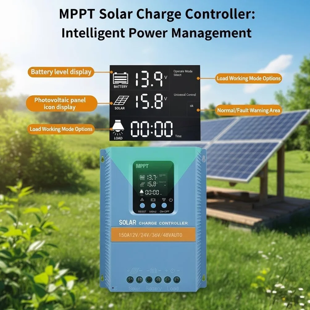 Regulador de carga solar MPPT de 150 A, 12 V/24 V/36 V/48 V, detección automática, pantalla LCD, protección contra sobrecarga para autocaravanas/camiones/sistemas de PV domésticos LiFePO4/batería de
