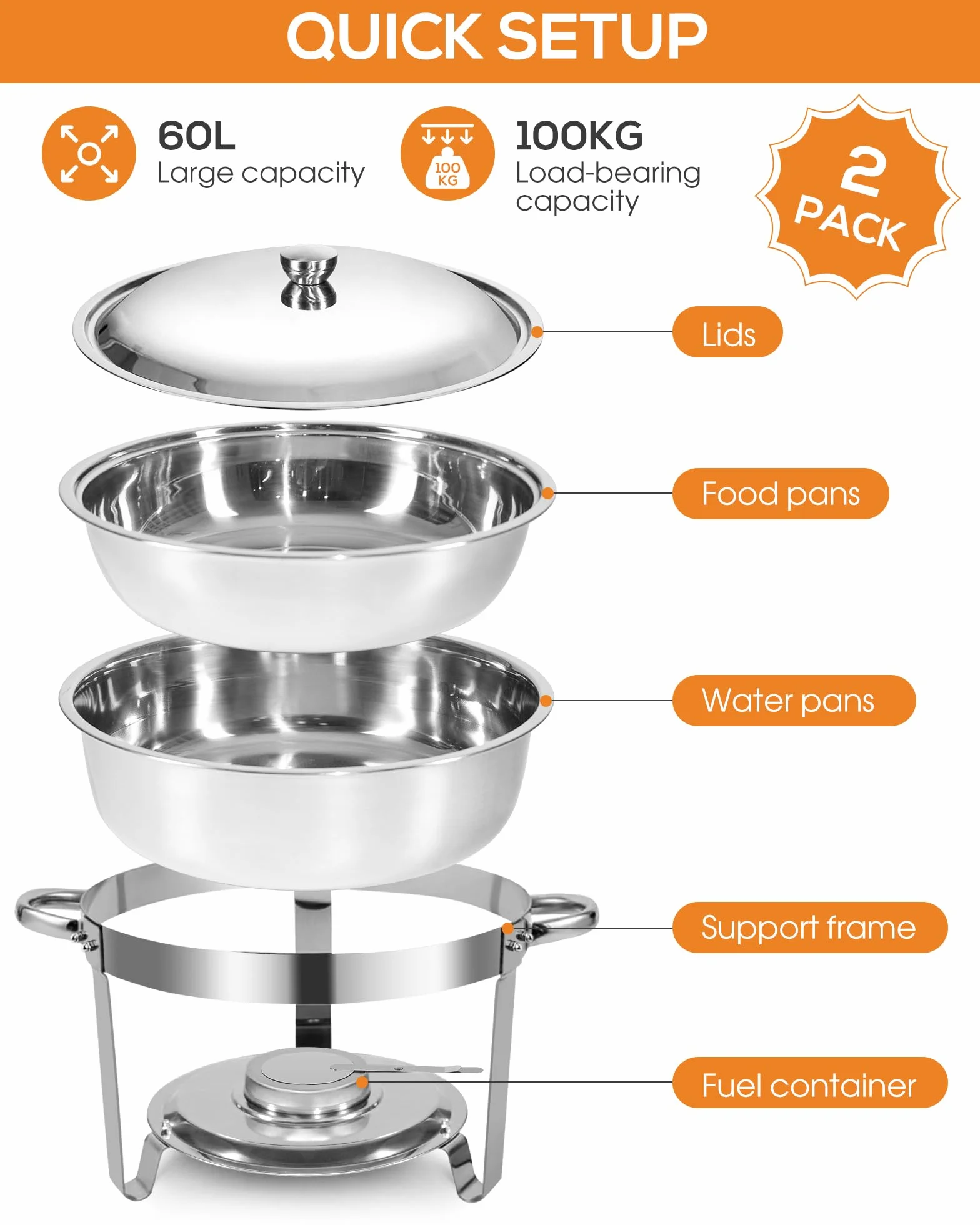 Chafing Dish Buffet Set 5L 2 Fuentes Redondas Acero Inoxidable Grado Alimentario Borde Enrollado Seguro Porta Tapas Acabado Espejo Calentador Alimentos