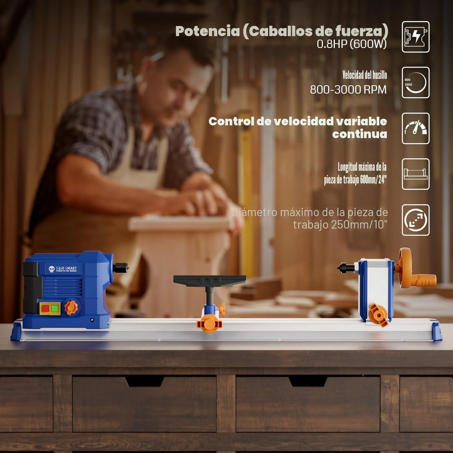sainsmart Torno de Mesa, 10 x 24 Pulgadas, 600 W, 0,8 HP, con Control de Velocidad Continuo de 800-3000 RPM, Torno para Madera con Accesorios completos para Trabajar la Madera