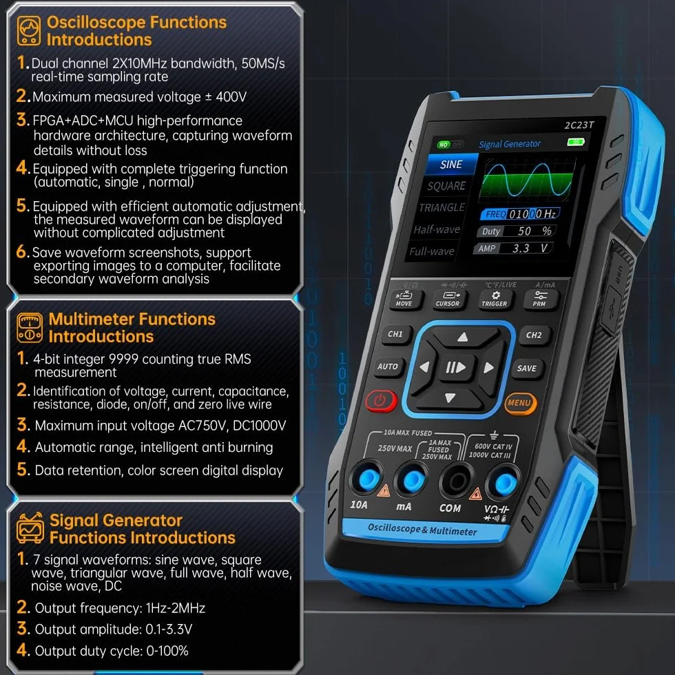 Jadeshay Osciloscopio Digital,Osciloscopio Portátil 3 en 1 Kit de Osciloscopio con Ancho de Banda 10 kHz Prueba de Transistor,9999 Contar Multímetro y Generador de Señal de Salida Cuadrada PWM Funcion