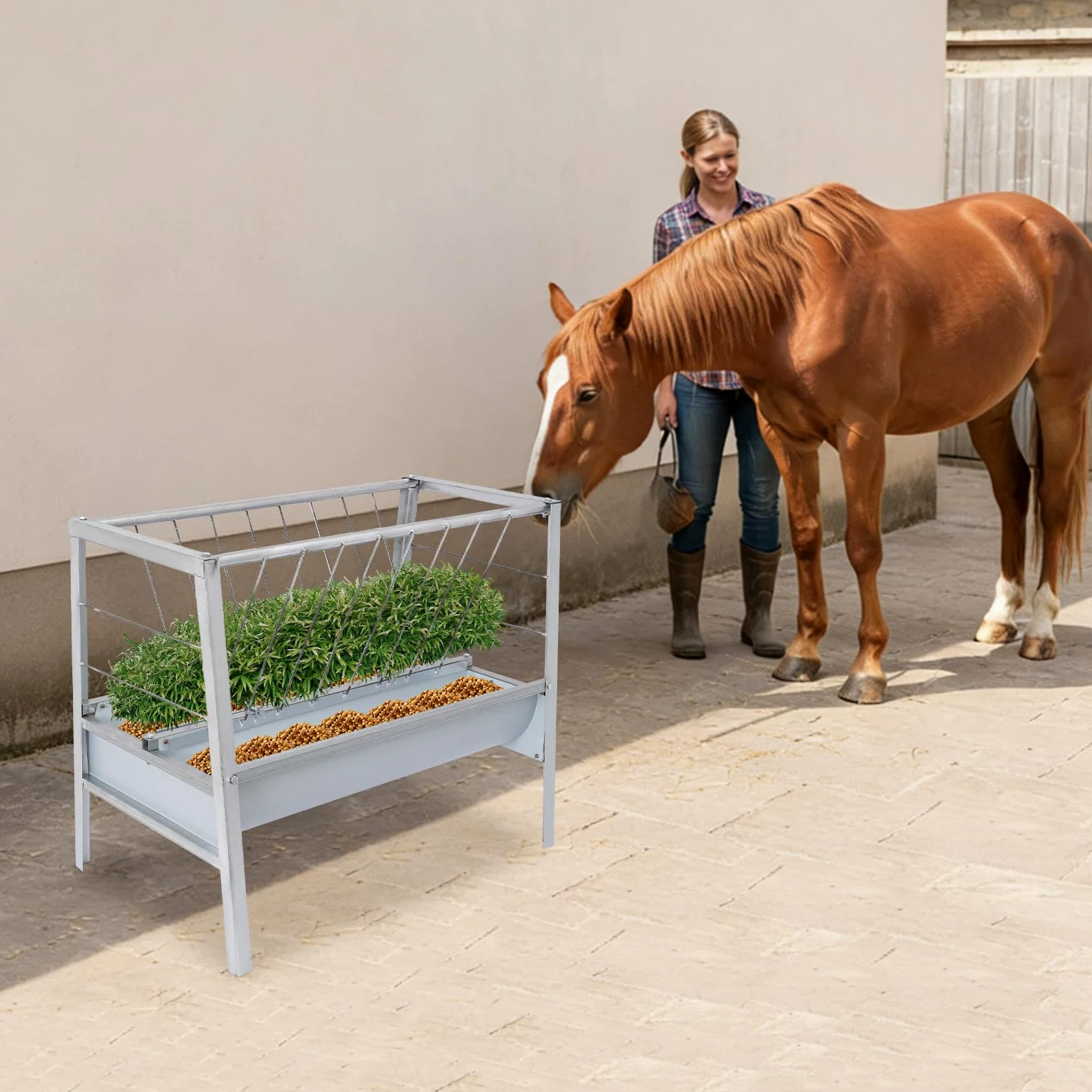 Comedero grande 2 en 1 de acero resistente para heno y cereales con más profundo y independiente, comedero para caballos, cabras, ovejas y ganado, 100 x 66 x 85 cm