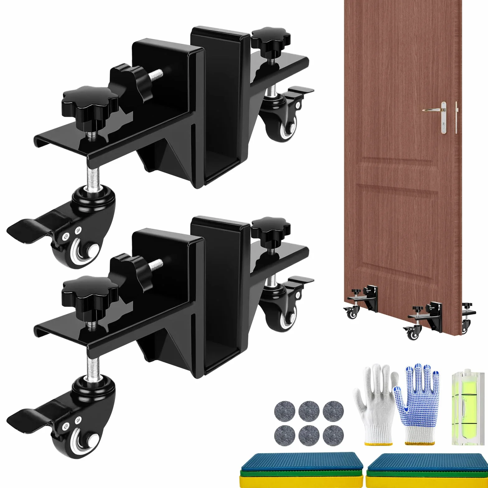 Kit de herramientas de elevación de puerta con 2 gatos resistentes, almohadillas de cuña, nivel de burbuja, protectores de fieltro y guantes