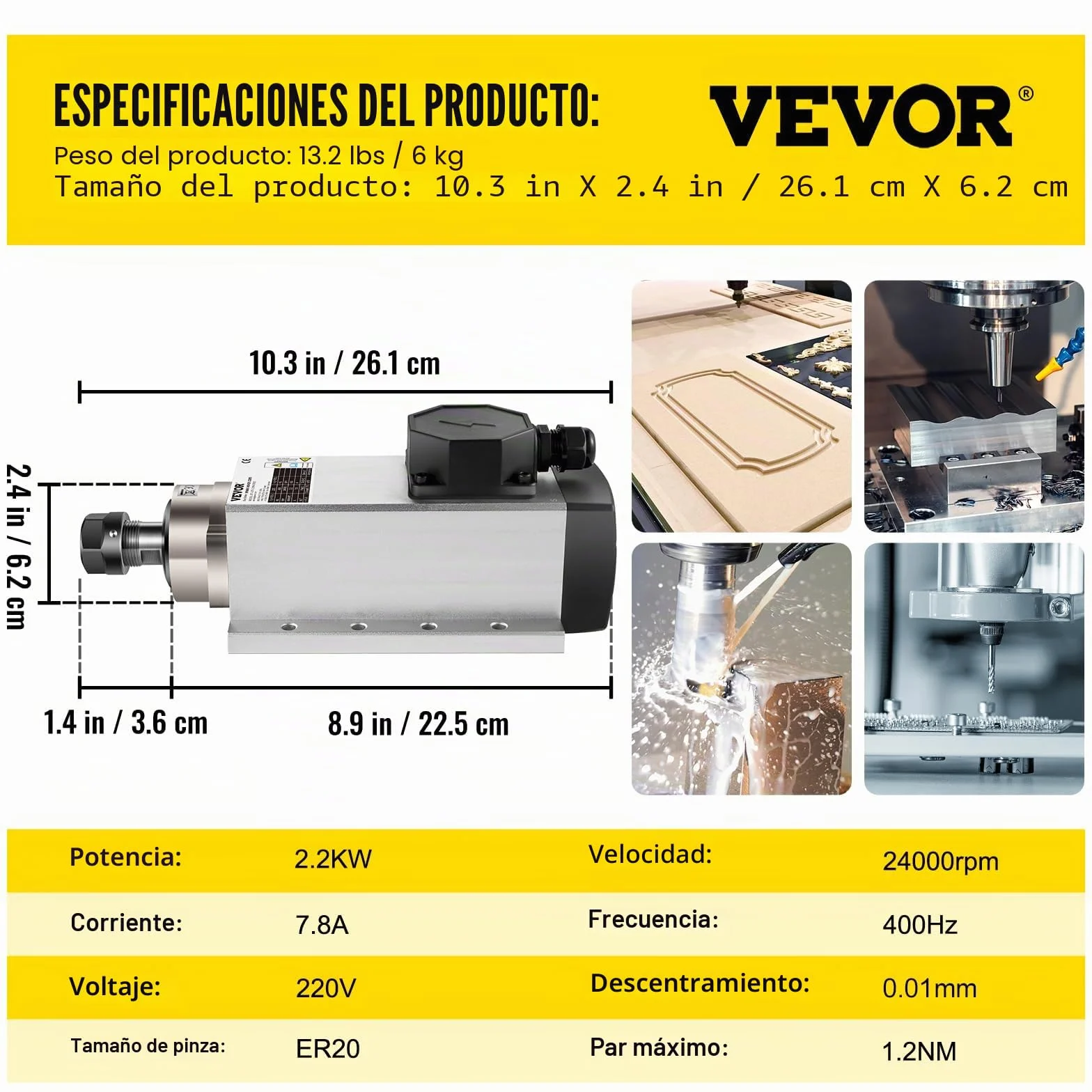 VEVOR Motor de Husillo Refrigerado 2,2 kW 24000 rpm Motor Refrigerado por Aire ER20 Motor de Husillo Cuadrado Refrigerado para Máquinas de Grabado o Variador de Frecuencia y Materiales de Aplicación