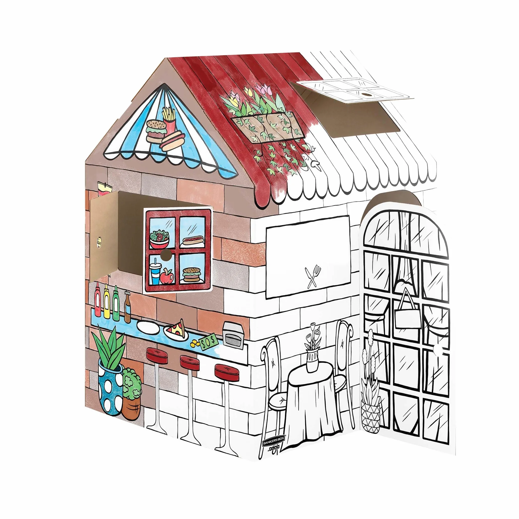 Bankers Box at Play Casa de cartón para niños Pastelería Diseño de cafetería Artesanal FSC reciclable Juguete Creativo Interior XL 81.3 x 81.3 x 121.3 cm