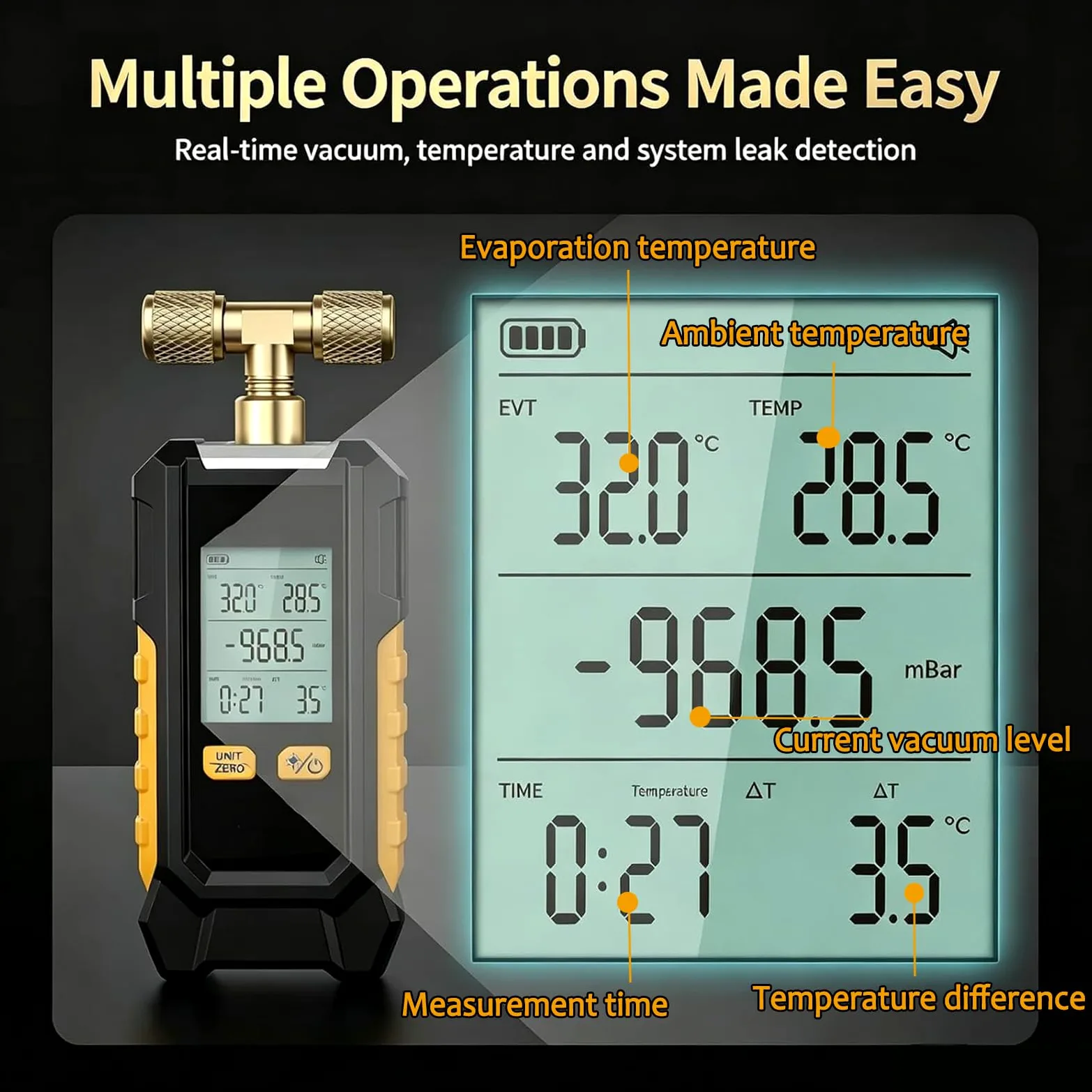 Manómetro De Vacío Digital, Detector De Fugas con Calibración Automática, con 6 Unidades Conmutables, Precisión De ±0,1%, con Pantalla LCD Retroiluminada, Herramienta De Diagnóstico HVAC