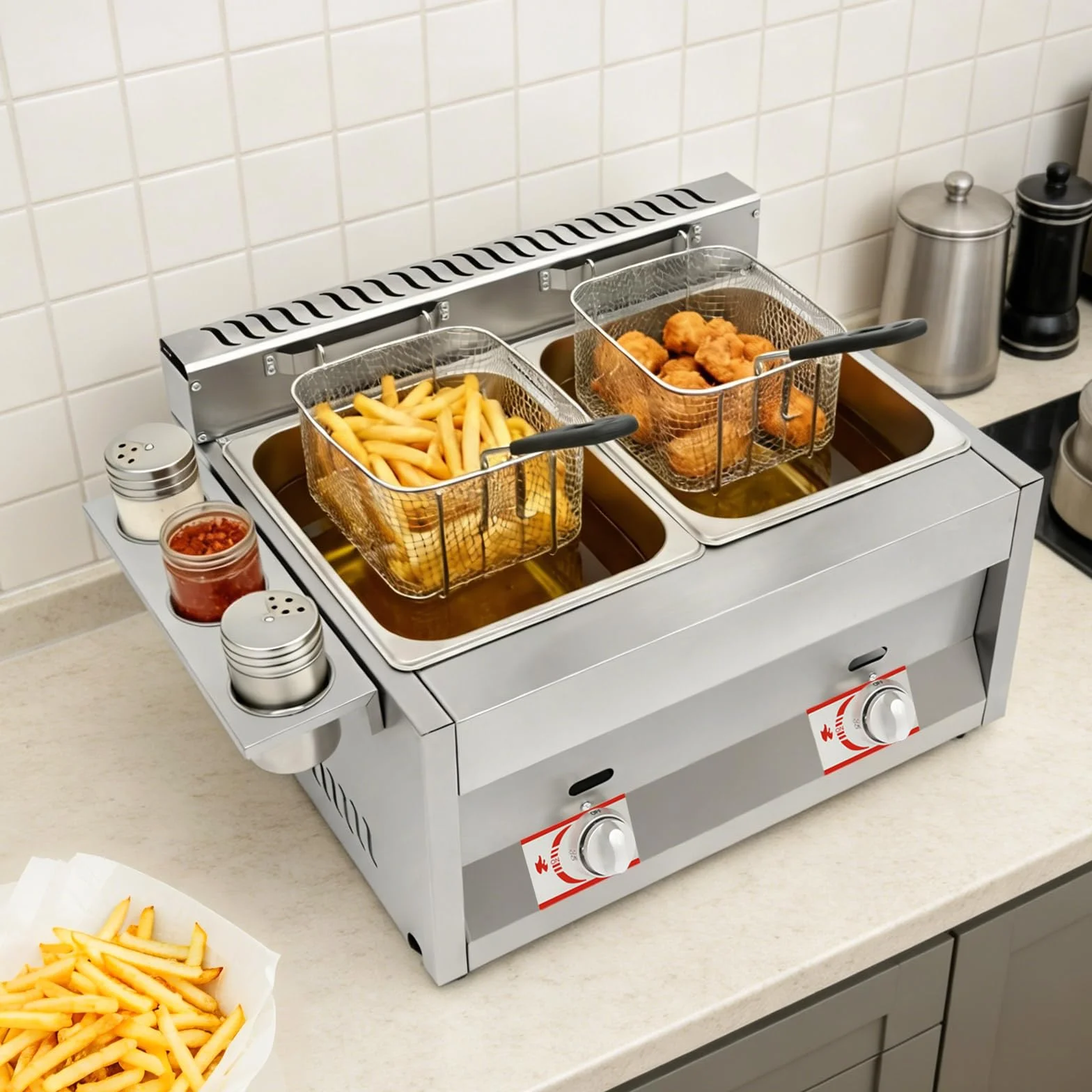 Freidora gastronómica doble de gas de acero inoxidable 430, 2 x 6,34 l, 50 – 380 °C, con tapa para patatas fritas, pollo, comercial, para restaurante, aperitivo, cocina comercial, fiesta