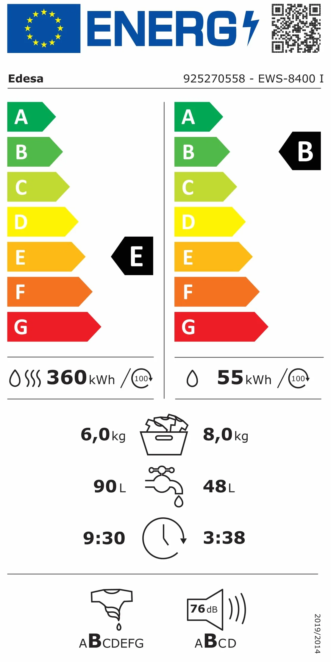 Edesa EWS-8400-I Lavadora Secadora Integrable 8 kg 6 kg Motor Silence Inverter 1400 rpm 16 Programas Lava-Seca 60 min Inicio Diferido 24 h Pantalla LED