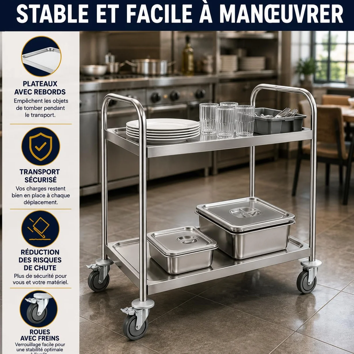 Carro de servicio de acero inoxidable de 2 niveles - 84,5 x 52,5 x 94 cm - Ruedas giratorias con frenos - Cocina Pro, Restaurante, Comunidad