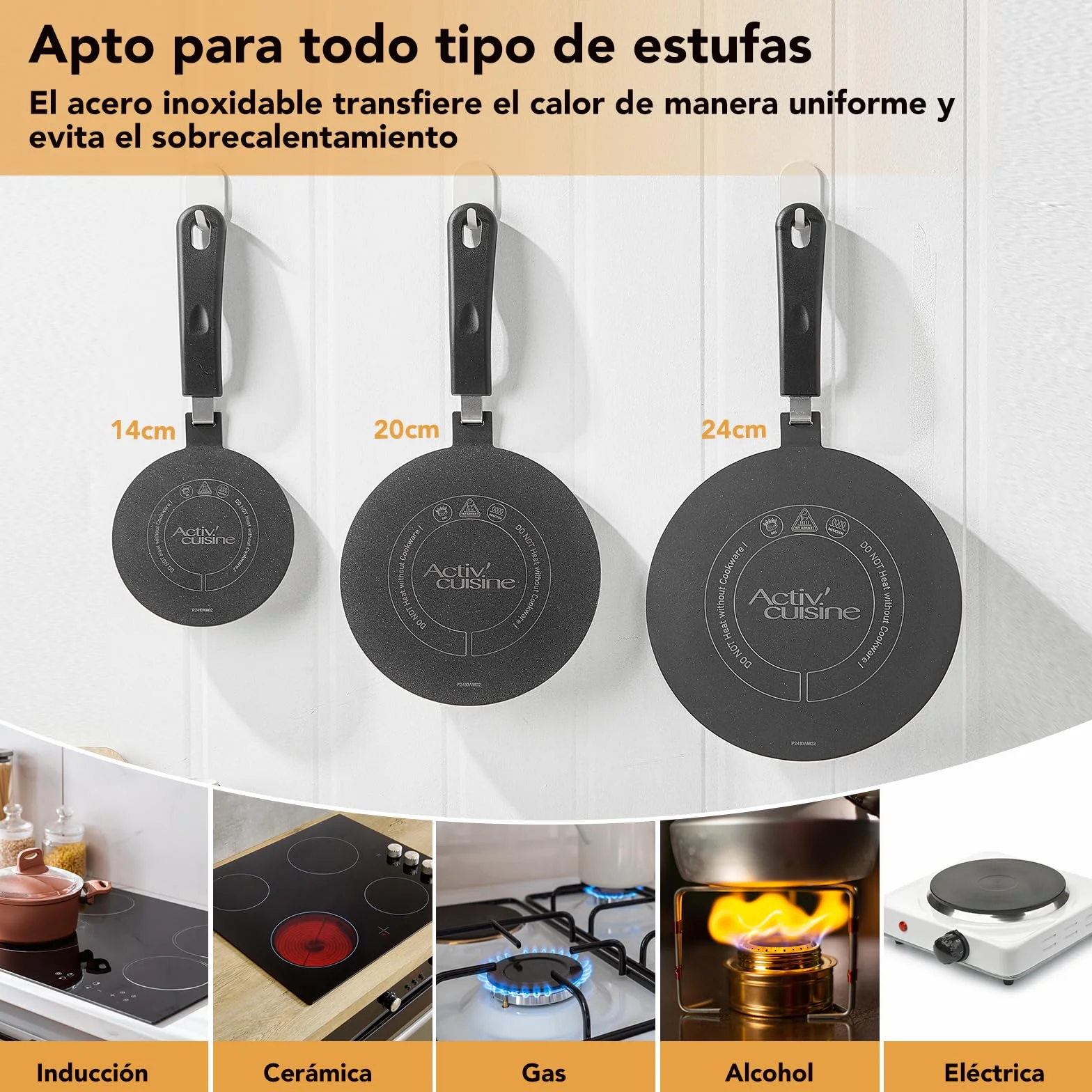 ACTIV CUISINE Adaptador de inducción disco placa 14 cm acero inoxidable difusor calor Moka Negro