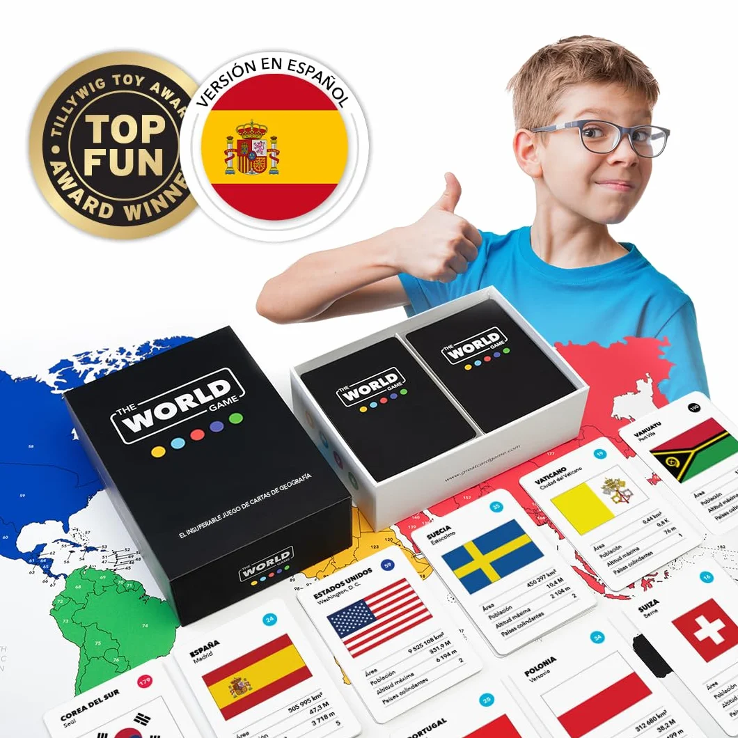 The World Game Juego de Mesa Geografía Educativo 194 Cartas Países Capitales Banderas Mapa Mundi Incluido Español