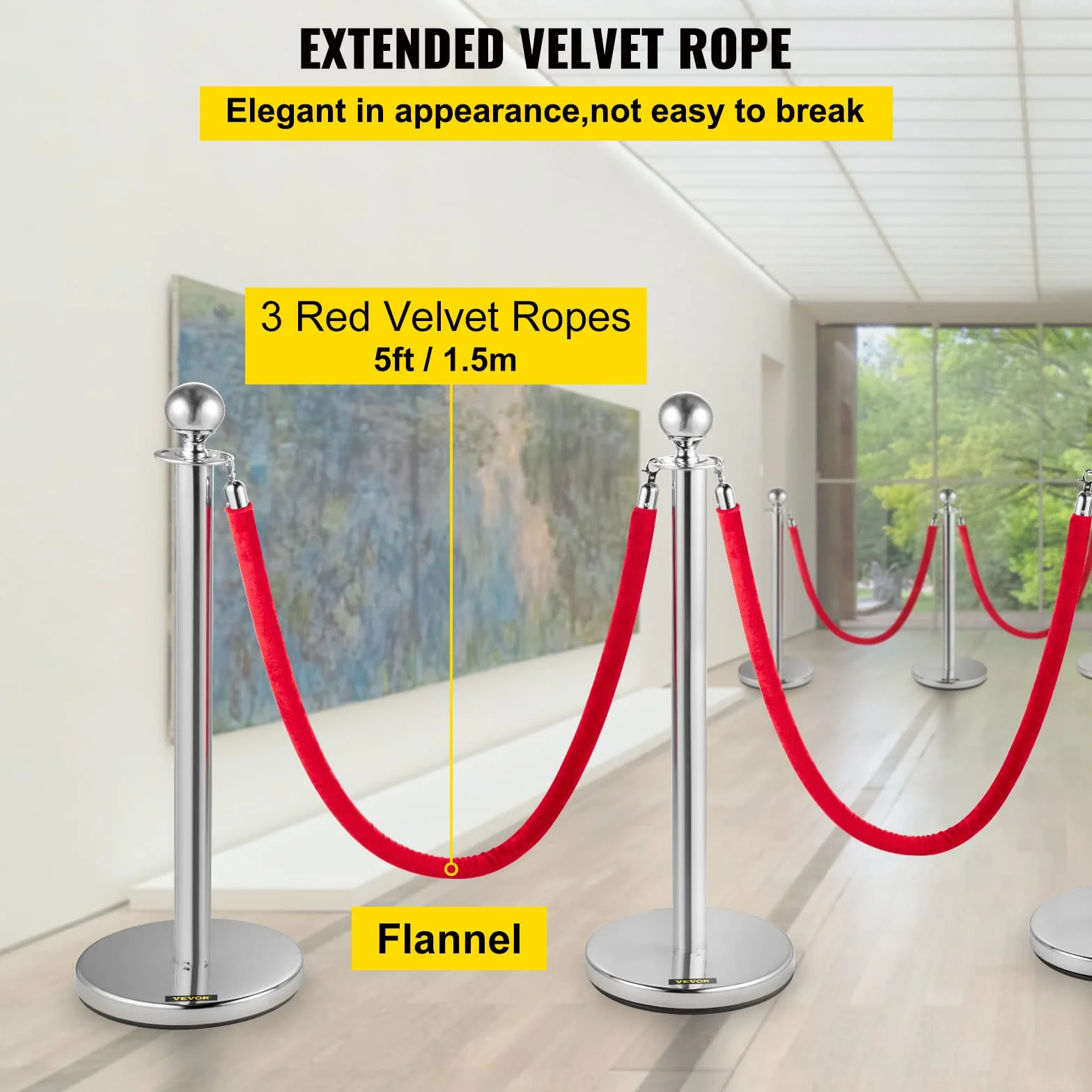 VEVOR Poste Separador de Cinta Extensible 4 Juegos Barreras de Seguridad 3 Cuerdas Longitud 1.5m Plata