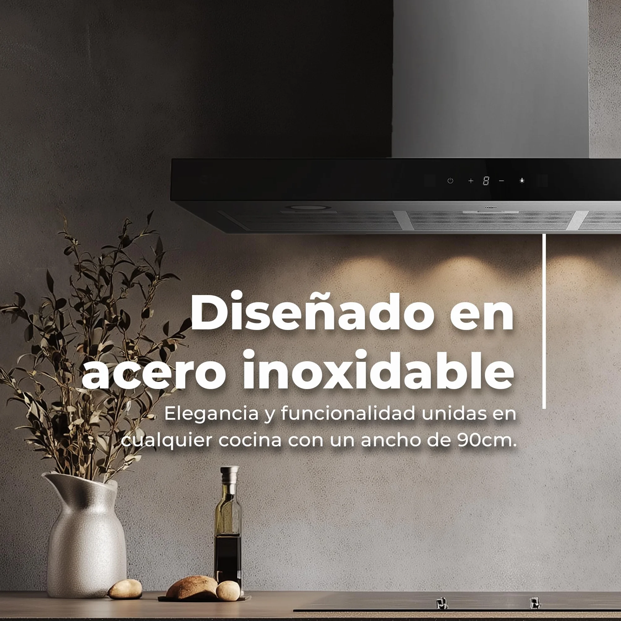 EVVO Campana Extractora Decorativa CE36 90 cm 650 m³/h Inox borde negro 3 Velocidades Control Táctil Temporizador Eficiencia A