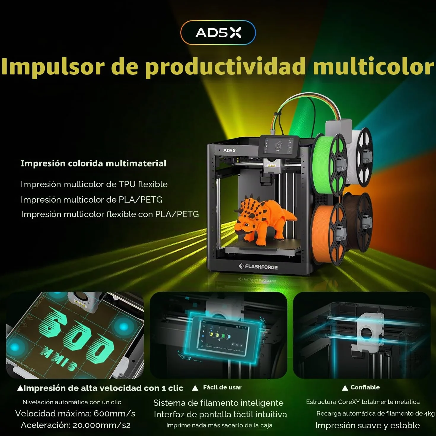 FLASHFORGE AD5X Impresora 3D Multimaterial, Impresión Multicolor, 600 mm/s, Impresión de 1 Clic, Creaciones IFS, Calibración Automática, Respaldo de Filamentos