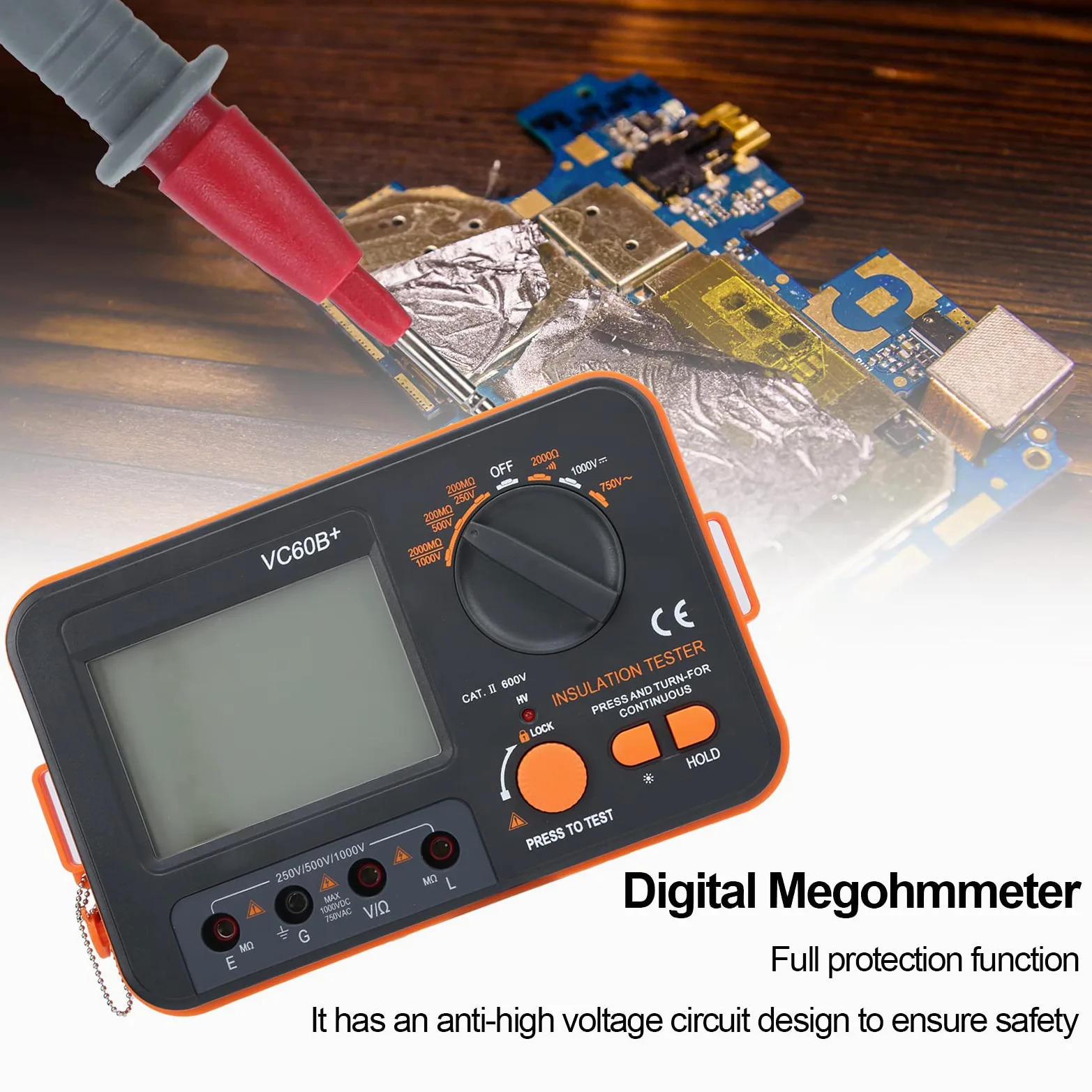Medidor de prueba eléctrico SustVita para medición de aislamiento, megóhmetro digital de 1000 V 2 GΩ con función de retención de datos y pantalla retroiluminada para uso industrial