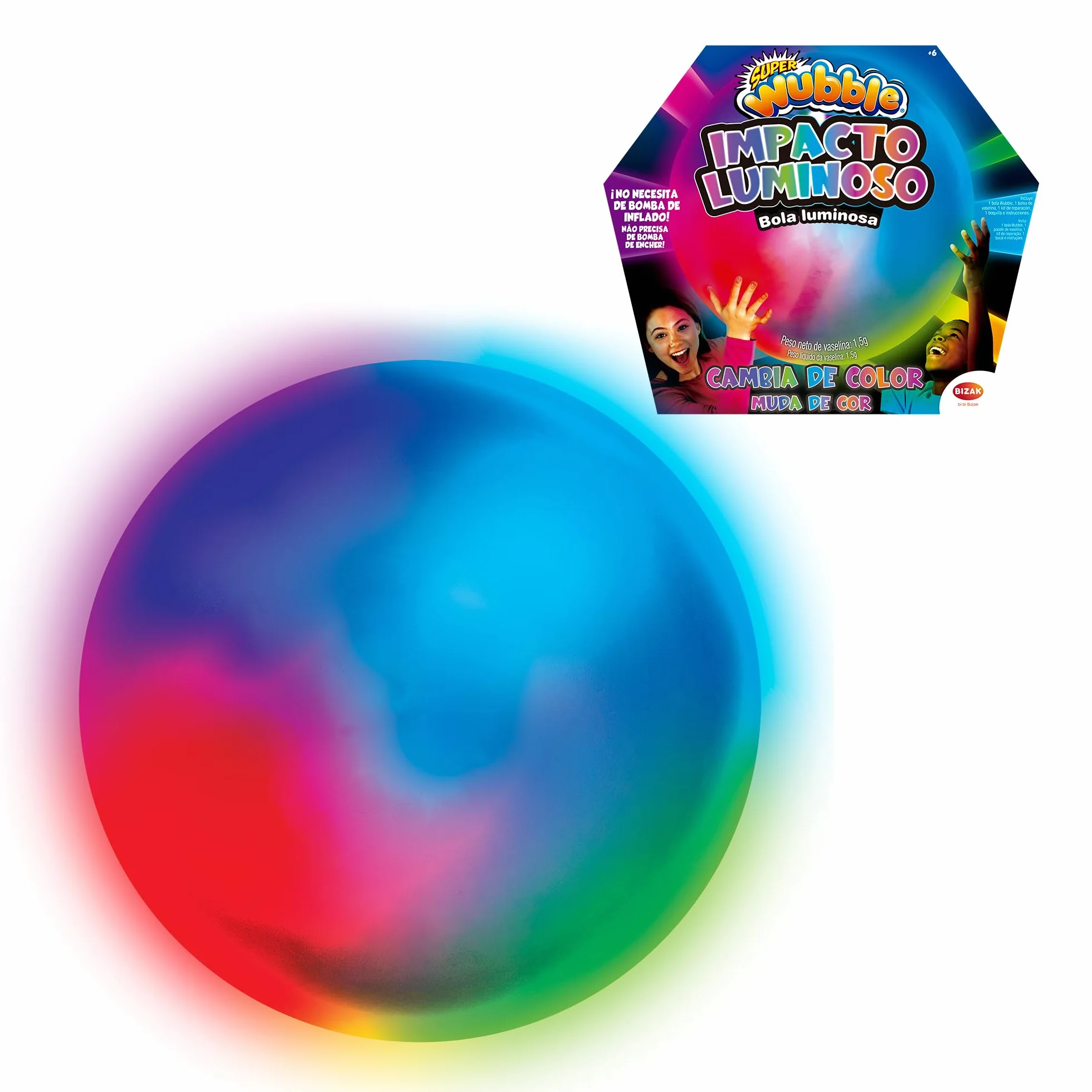 Bizak Super Wubble Impacto Luminoso Pelota Gigante Inflable 75 cm Cambia de Color