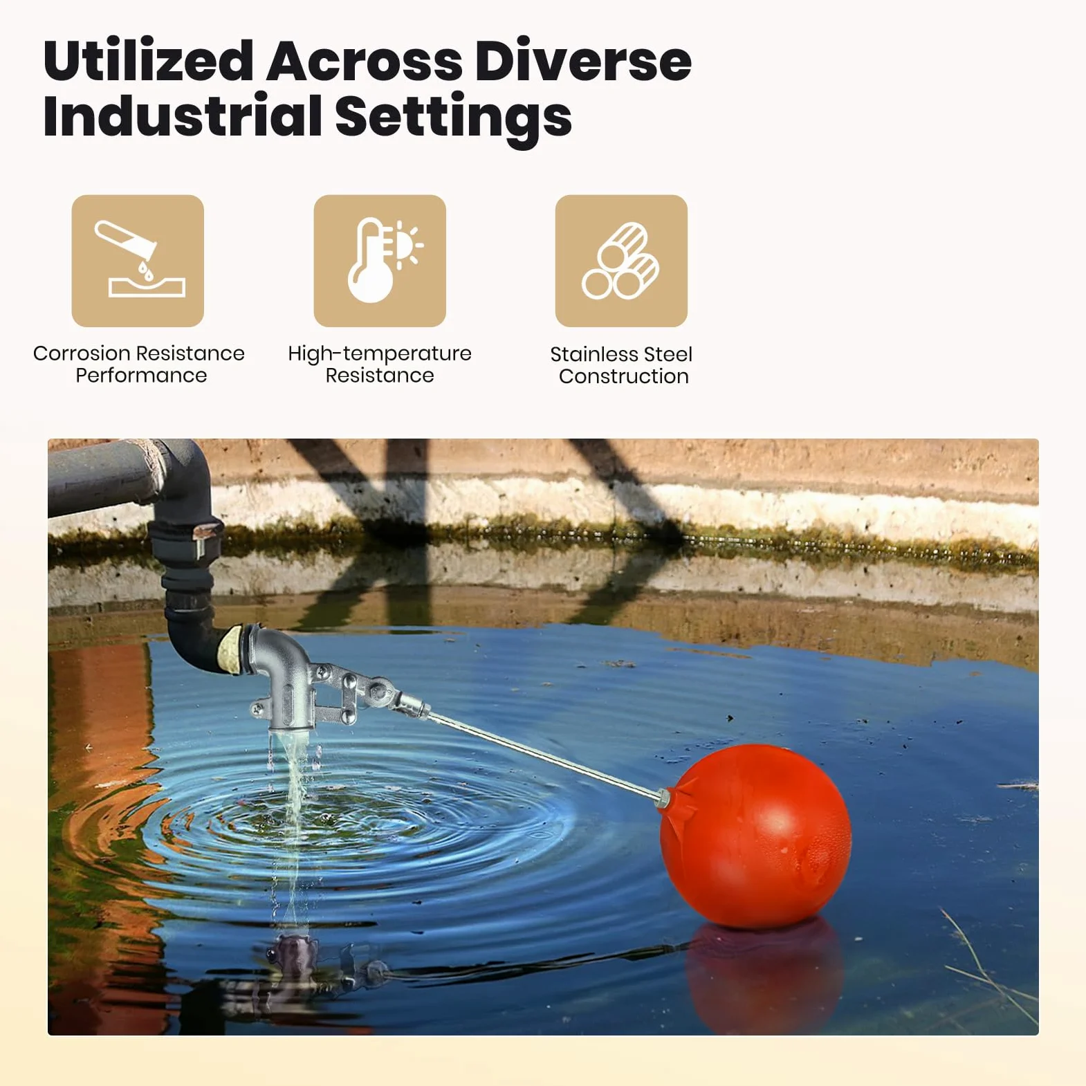 Válvula flotante de acero inoxidable de 3/4 pulgadas para tanque de agua, diseño resistente con varilla de ángulo ajustable para un control preciso del nivel de agua, incluye bola flotante de 6