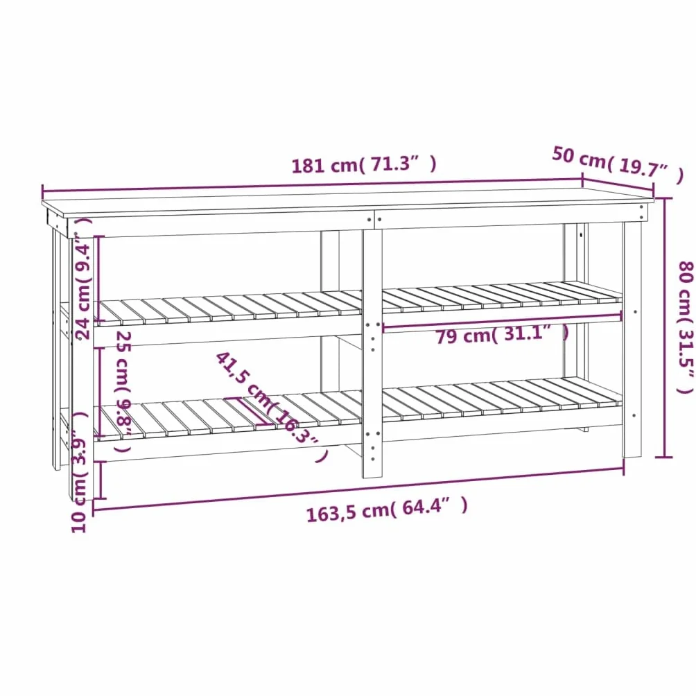 vidaXL Banco de Trabajo de Madera Maciza de Pino 181x50x80 cm, Banco de almacenaje, Mesa de Trabajo, Banco de Trabajo de Madera Maciza