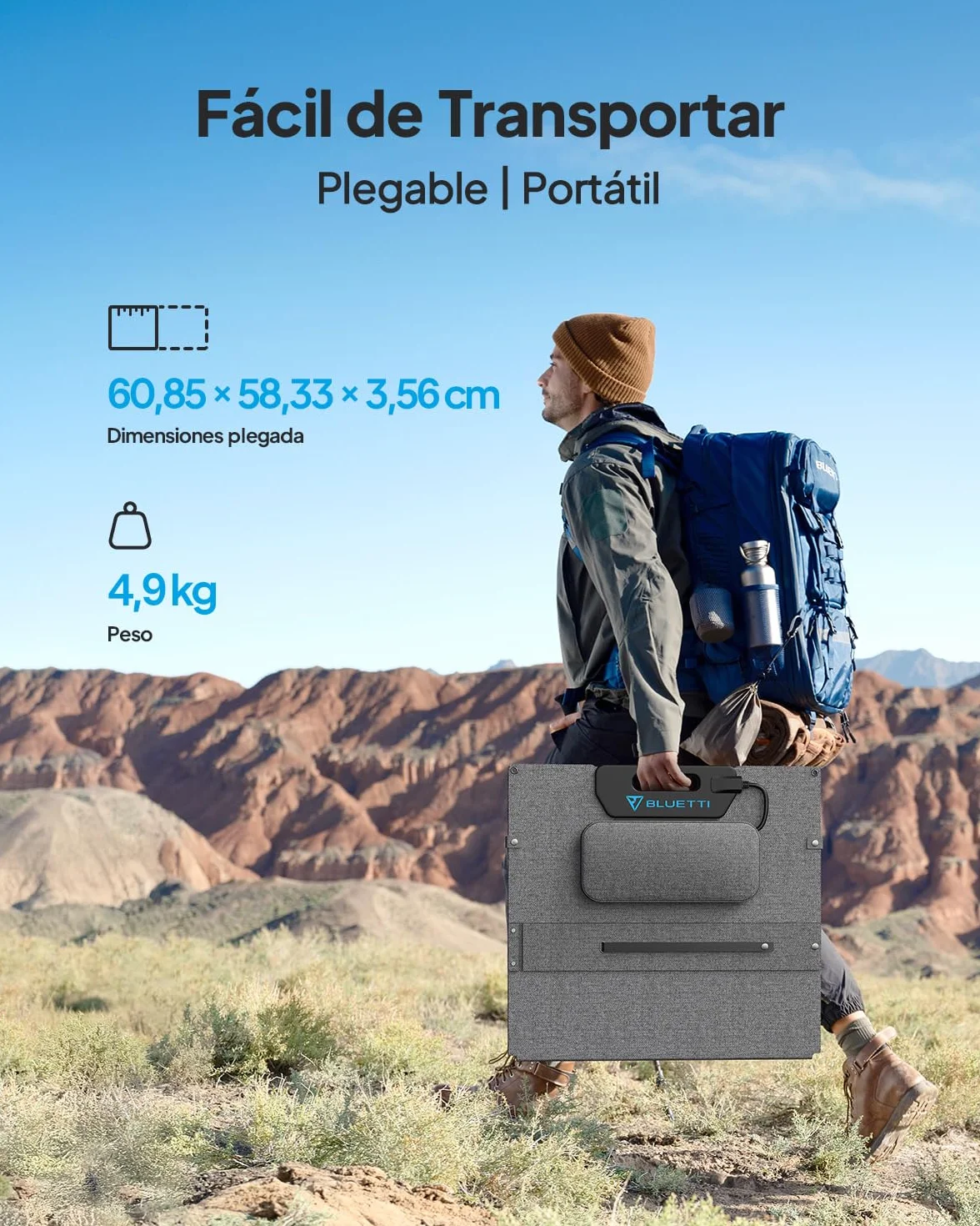 BLUETTI 100W Panel Solar, para Central Eléctrica Portátil AC2A EB3A AC50B AC70 AC180 AC200L AC300, Cargador Solar Plegable con Patas Ajustables para Acampar, Viajar