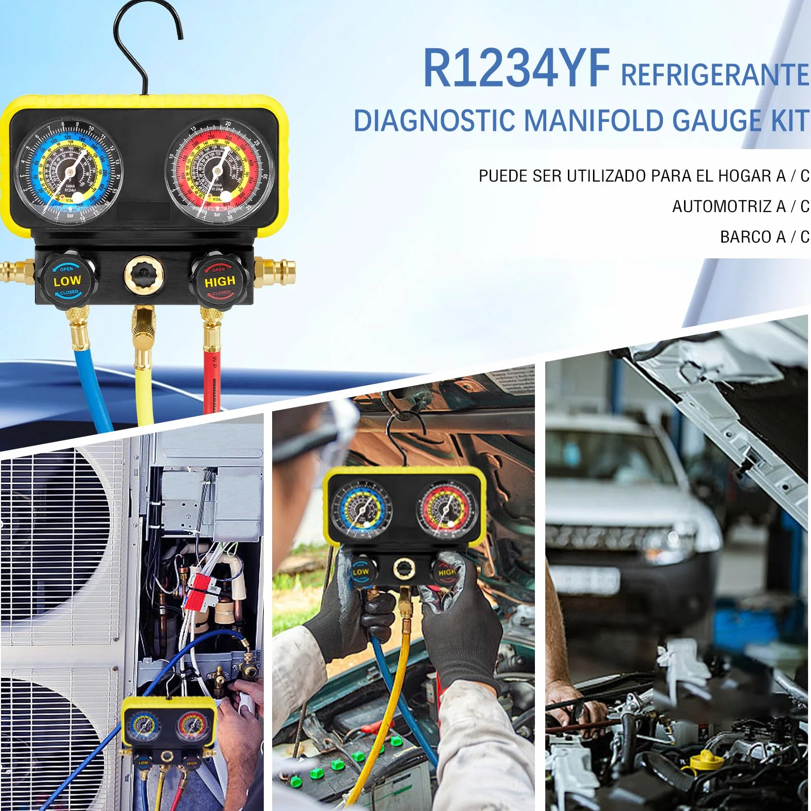 Pindex Puente manómetro 2 vías para refrigerante R1234YF R134A R404A, Manómetro Aire Acondicionado con 3 Mangueras de 1,5 M, para Recarga de Aire Acondicionado Coche