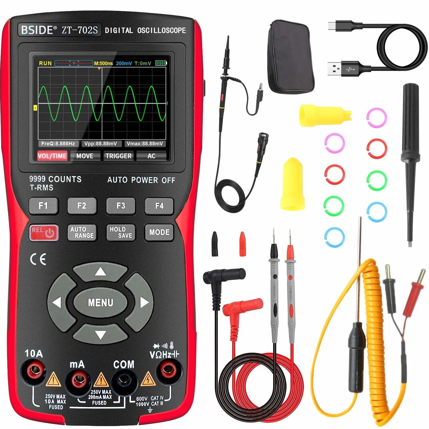 BSIDE ZT-702S Osciloscopio Mini Portátil Multimetro Digital Profesional con Osciloscopio TRMS 10Mhz Pantalla a Color 9999 Cuentos Comprobador Multifunción Recargable para PC Electrónica Automocion