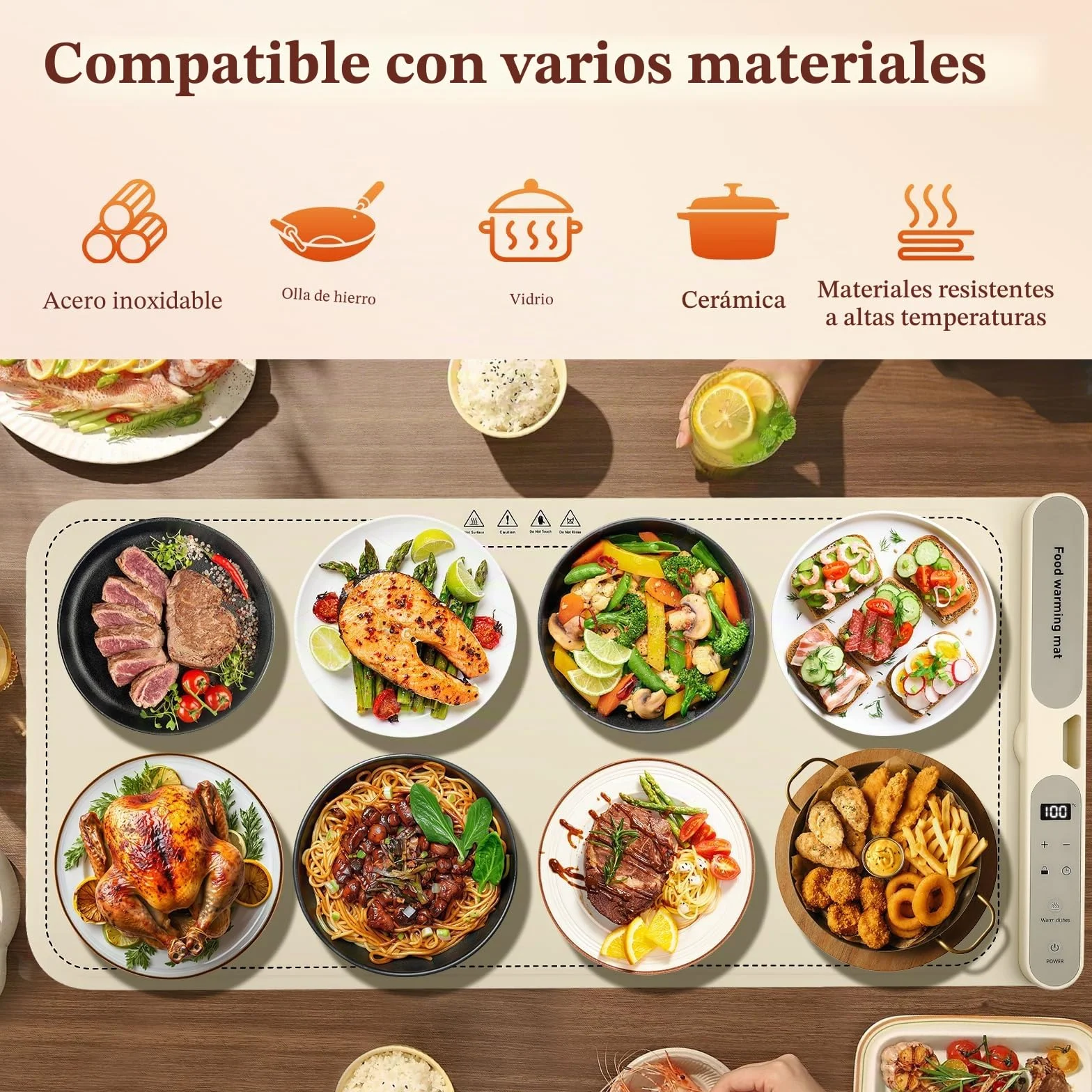 Calentador de Alimentos Eléctrico - Control de Temperatura de 9 Niveles de 40-120 °C - Placa Caliente Flexible y Plegable con Temporizador - Para Bufés, Parrillas, Biberones - Fácil de Limpiar
