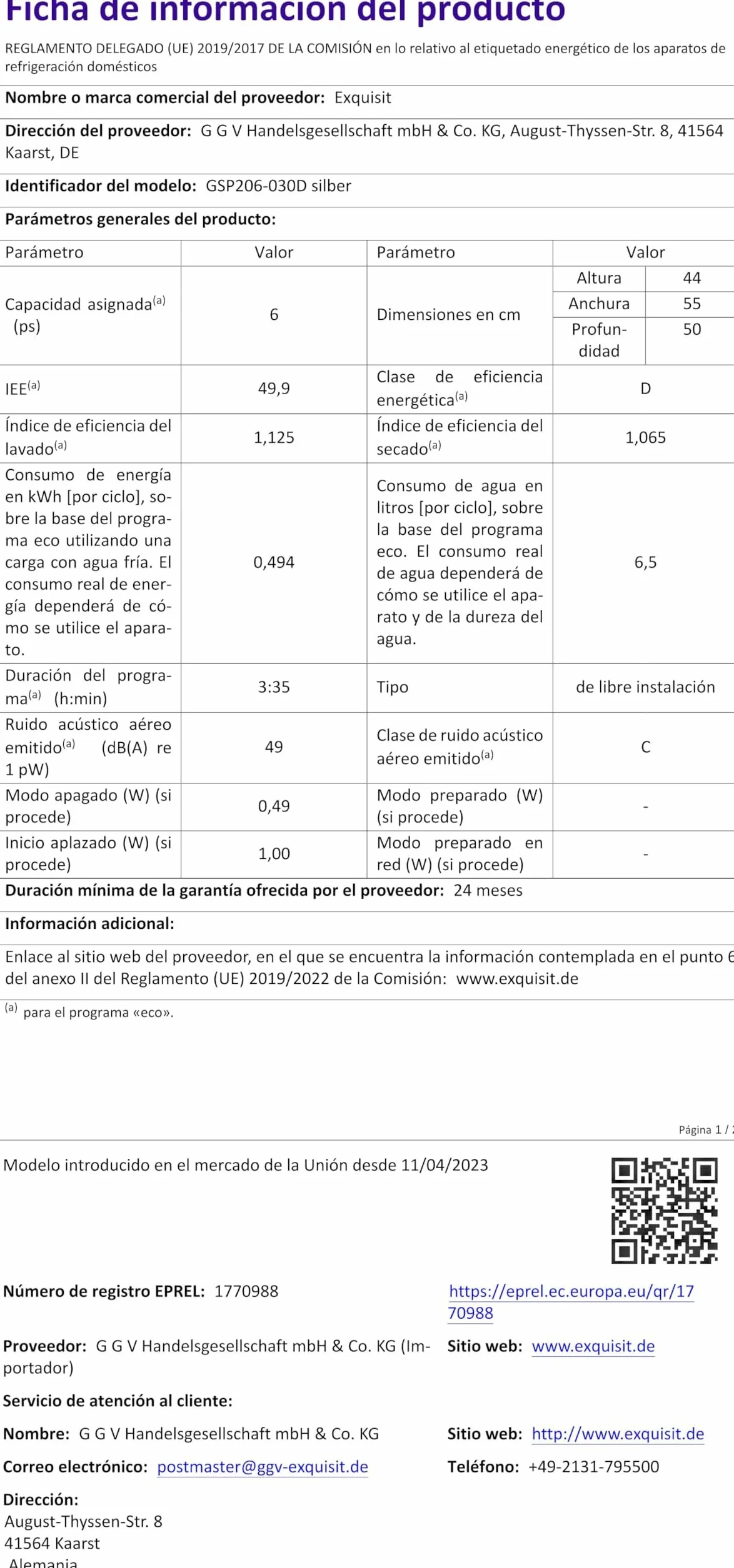 Exquisit Lavavajillas 55cm Clase D Plateado 6 Servicios 7 Programas 30 Min Inicio Diferido 49 kWh/100ciclos